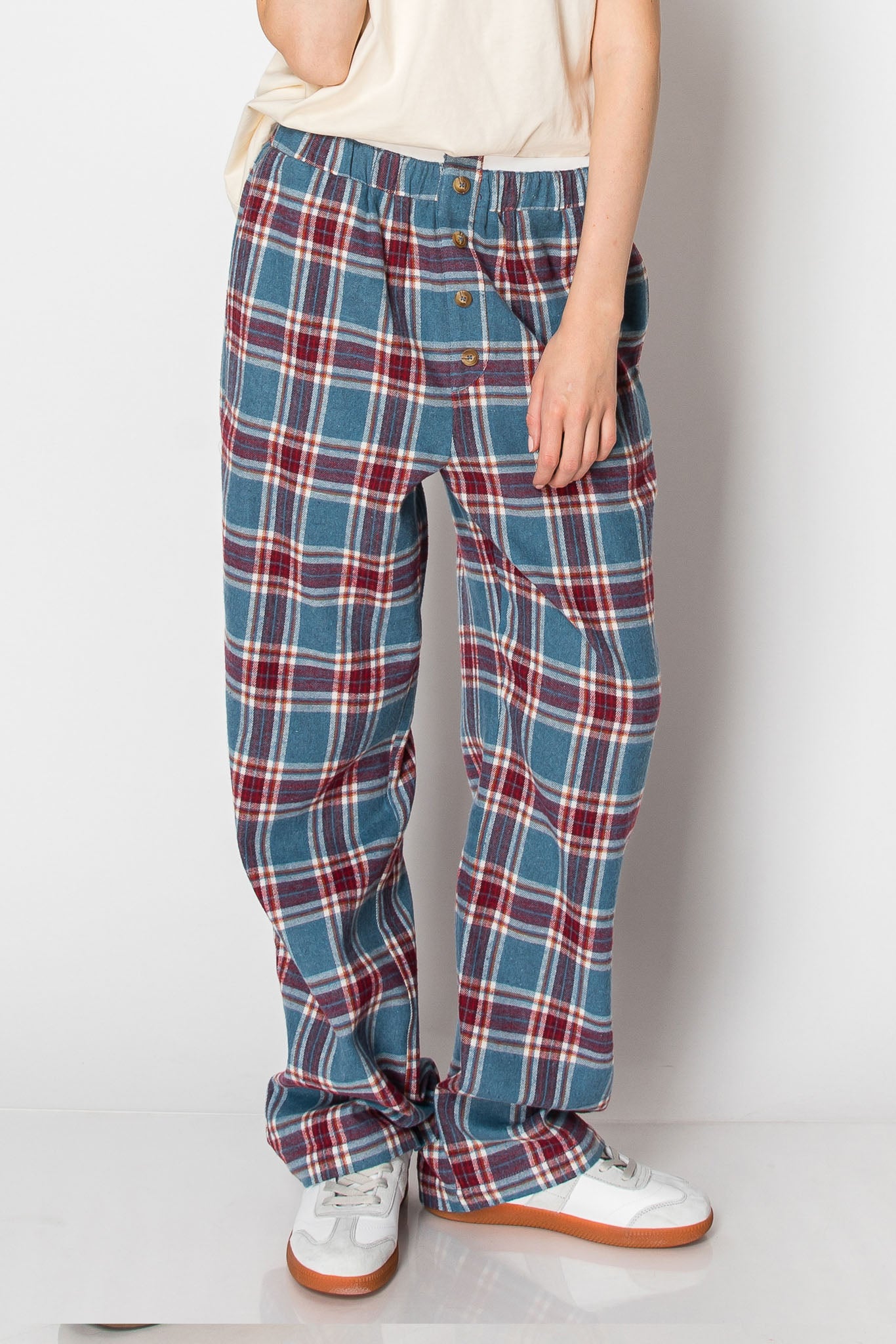 PLAID PAJAMA BOXER WIDE LEG LOUNGE PANTS