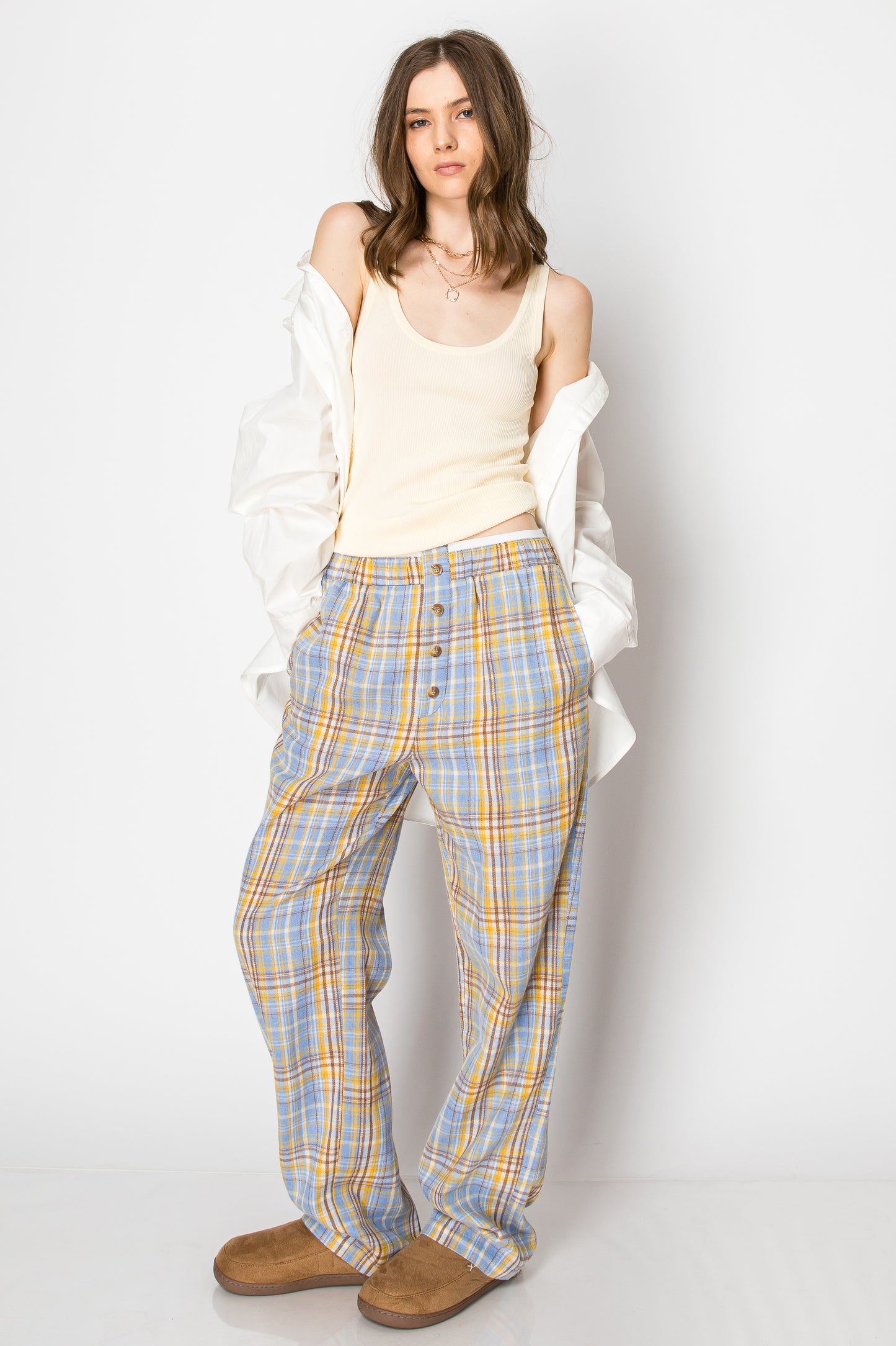 PLAID PAJAMA BOXER WIDE LEG LOUNGE PANTS