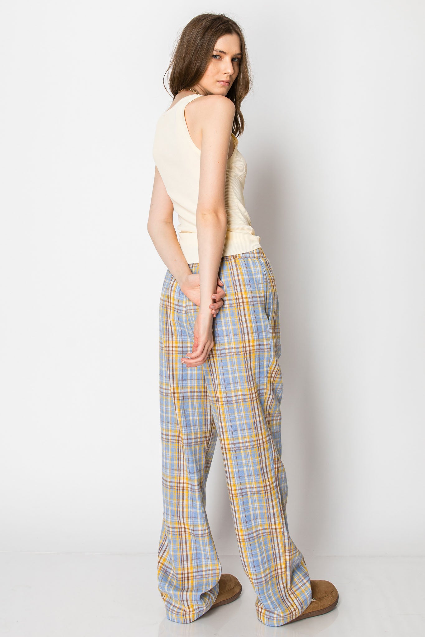 PLAID PAJAMA BOXER WIDE LEG LOUNGE PANTS