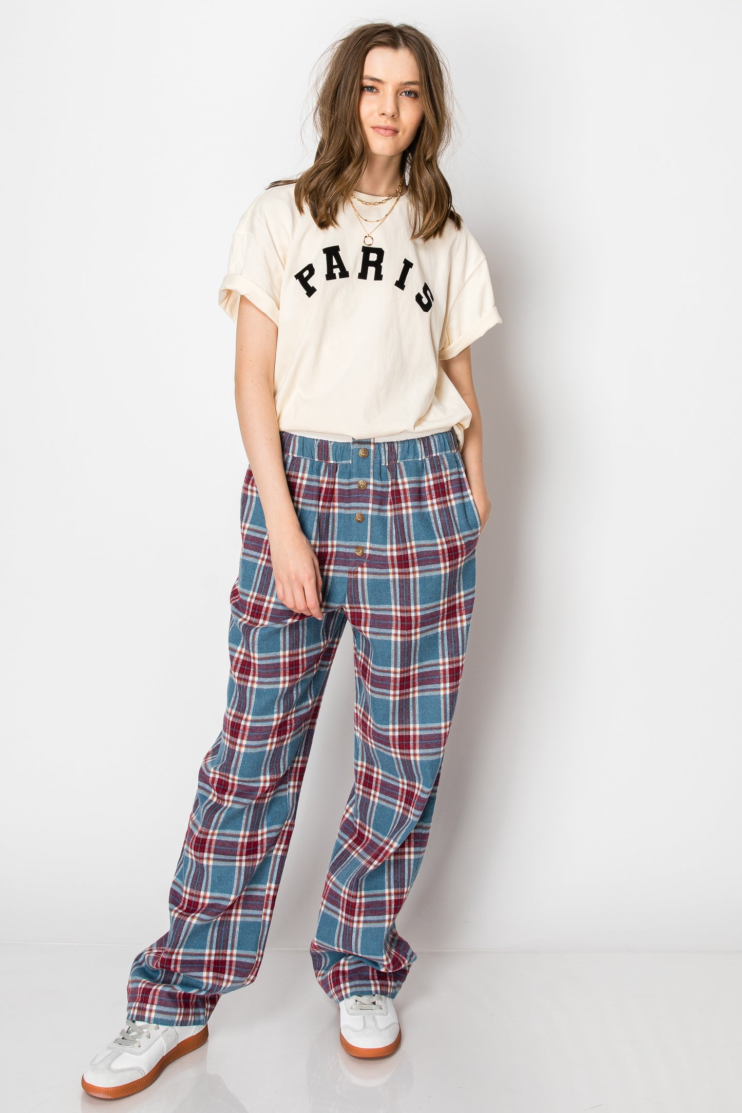 PLAID PAJAMA BOXER WIDE LEG LOUNGE PANTS