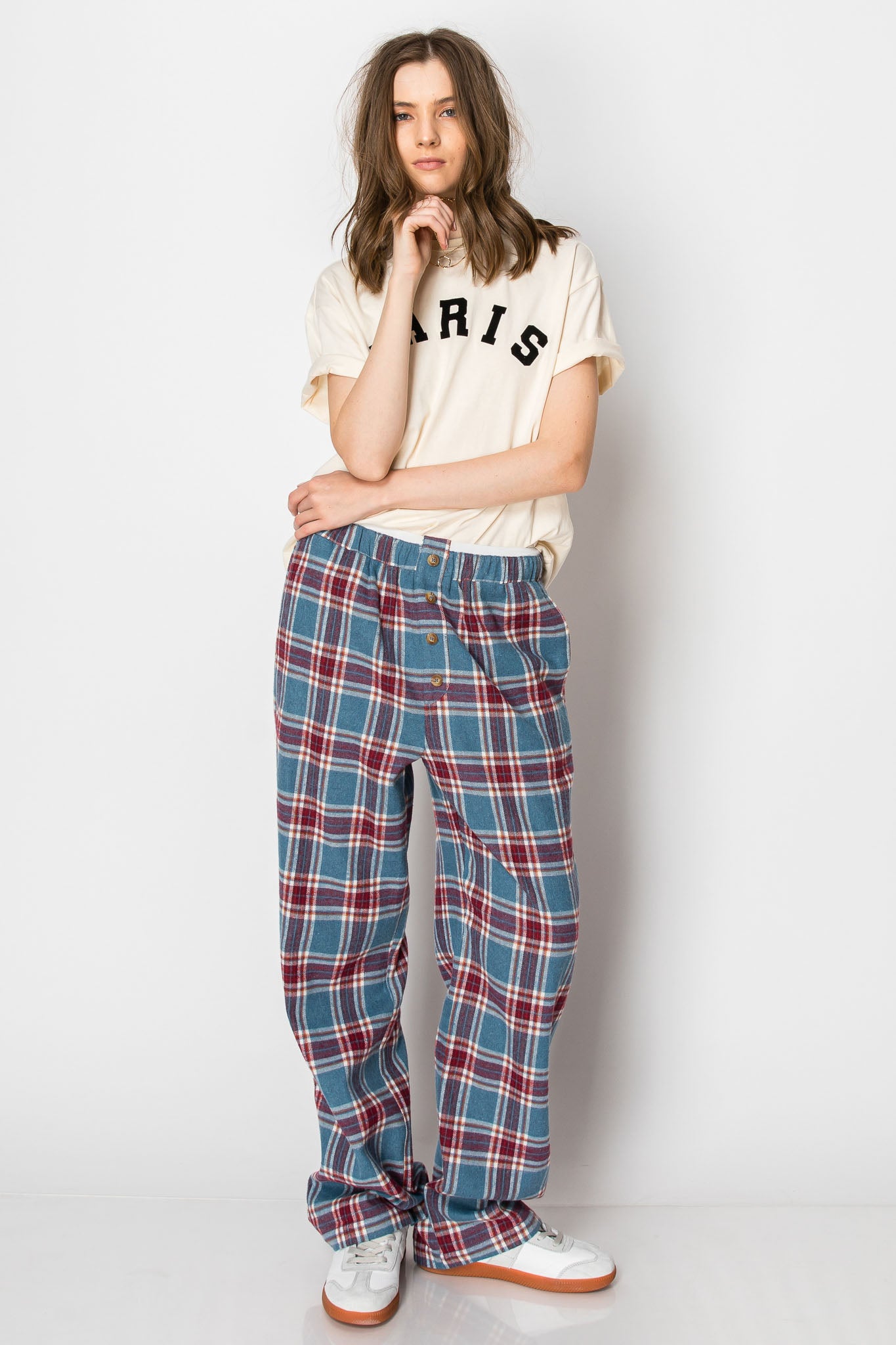 PLAID PAJAMA BOXER WIDE LEG LOUNGE PANTS