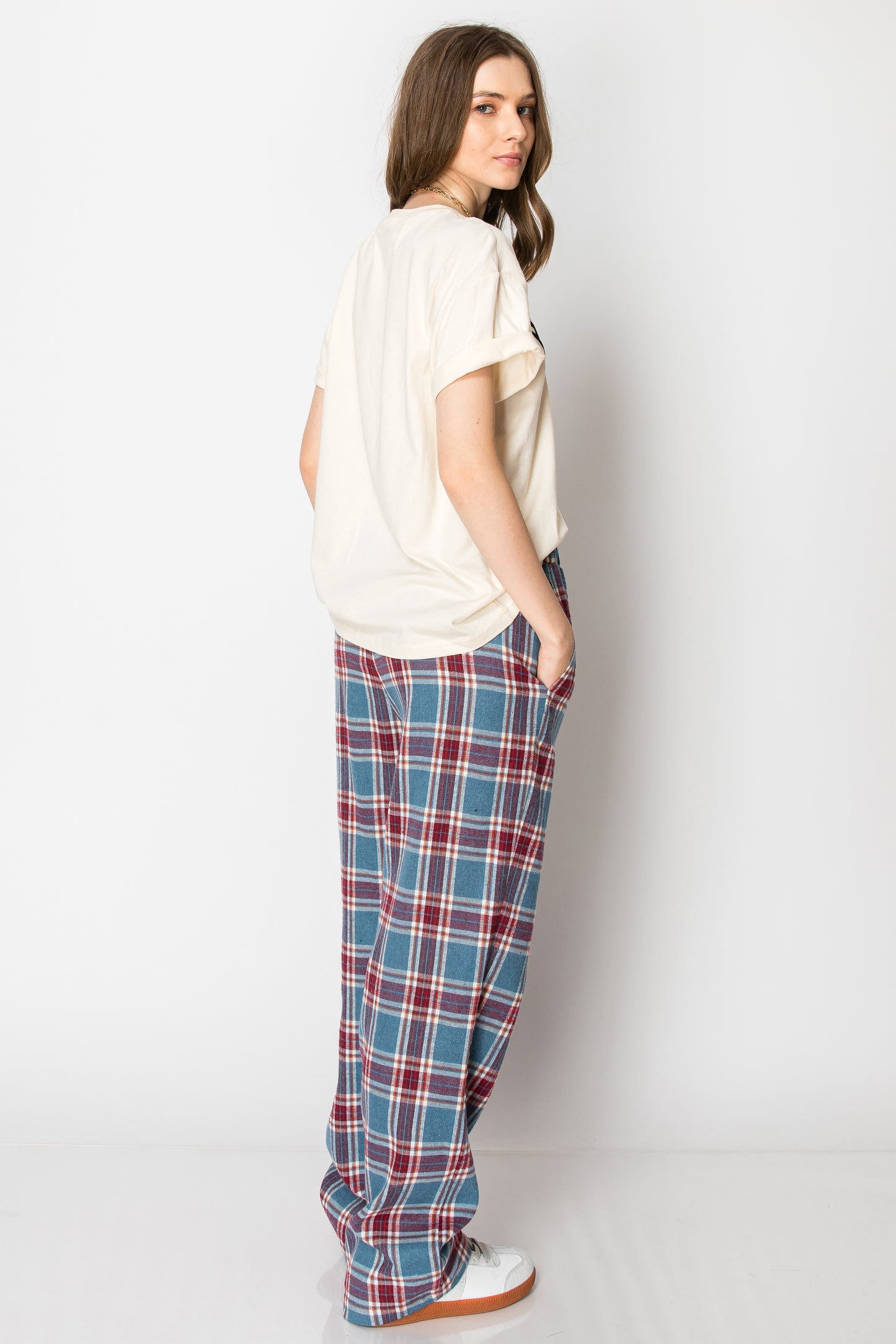 PLAID PAJAMA BOXER WIDE LEG LOUNGE PANTS