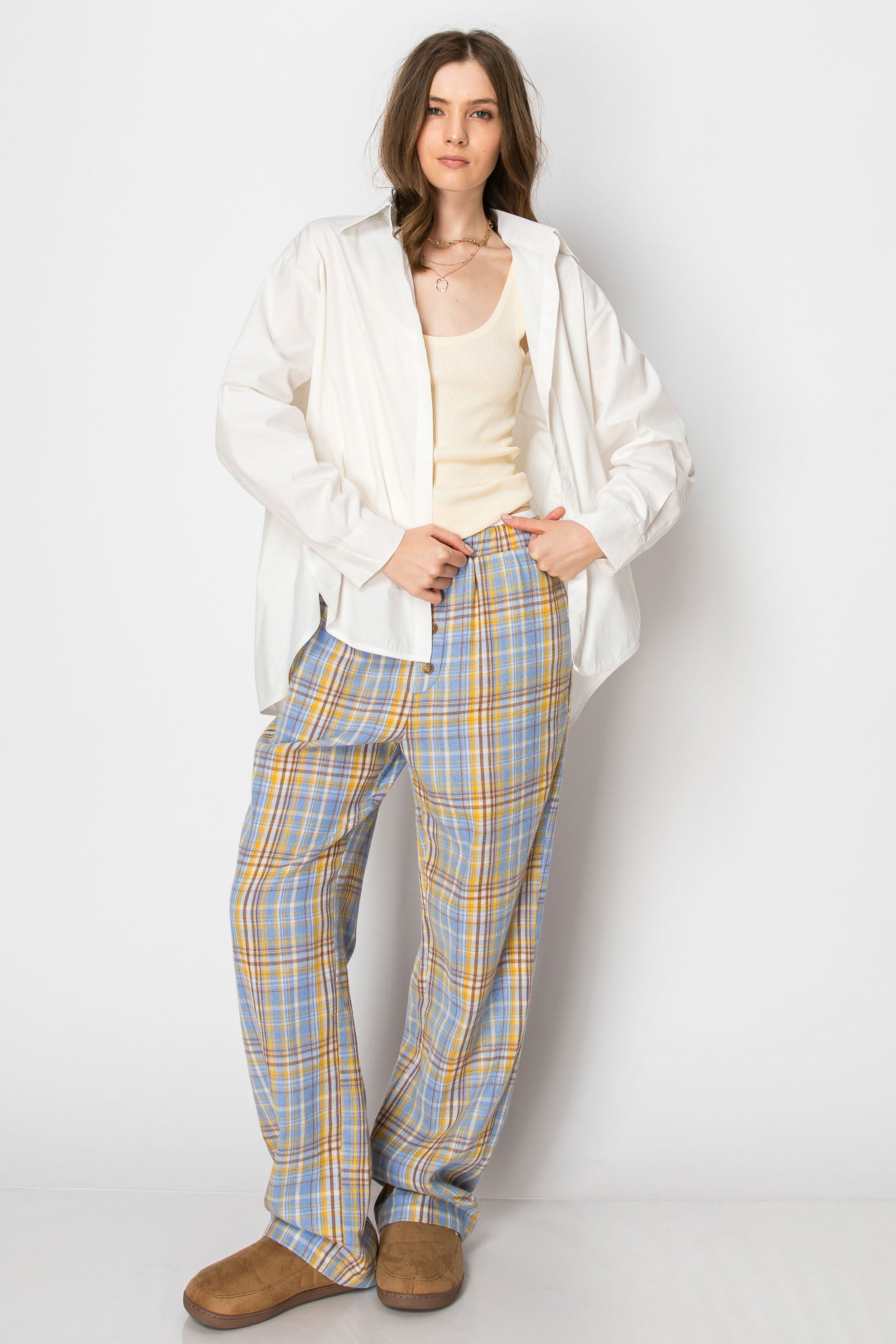 PLAID PAJAMA BOXER WIDE LEG LOUNGE PANTS