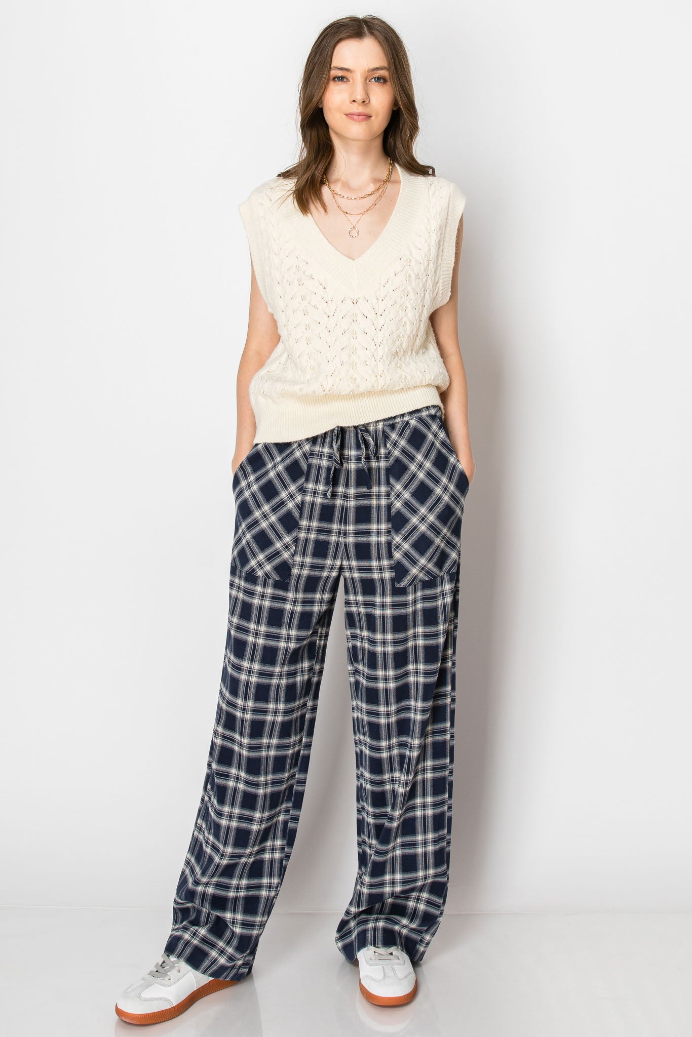 DRAW STRING PLAID WIDE LEG PANTS WITH POCKETS