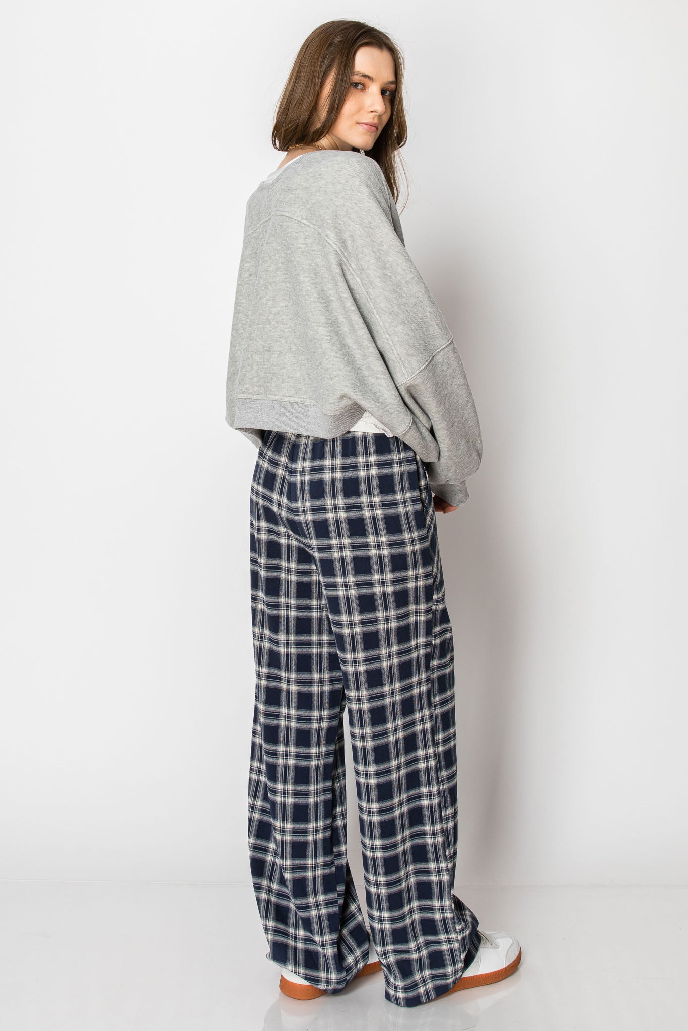 DRAW STRING PLAID WIDE LEG PANTS WITH POCKETS