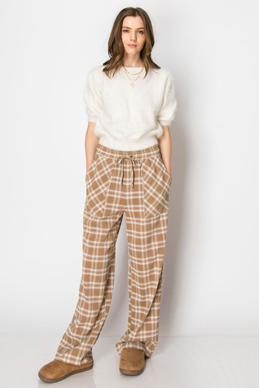 DRAW STRING PLAID WIDE LEG PANTS WITH POCKETS