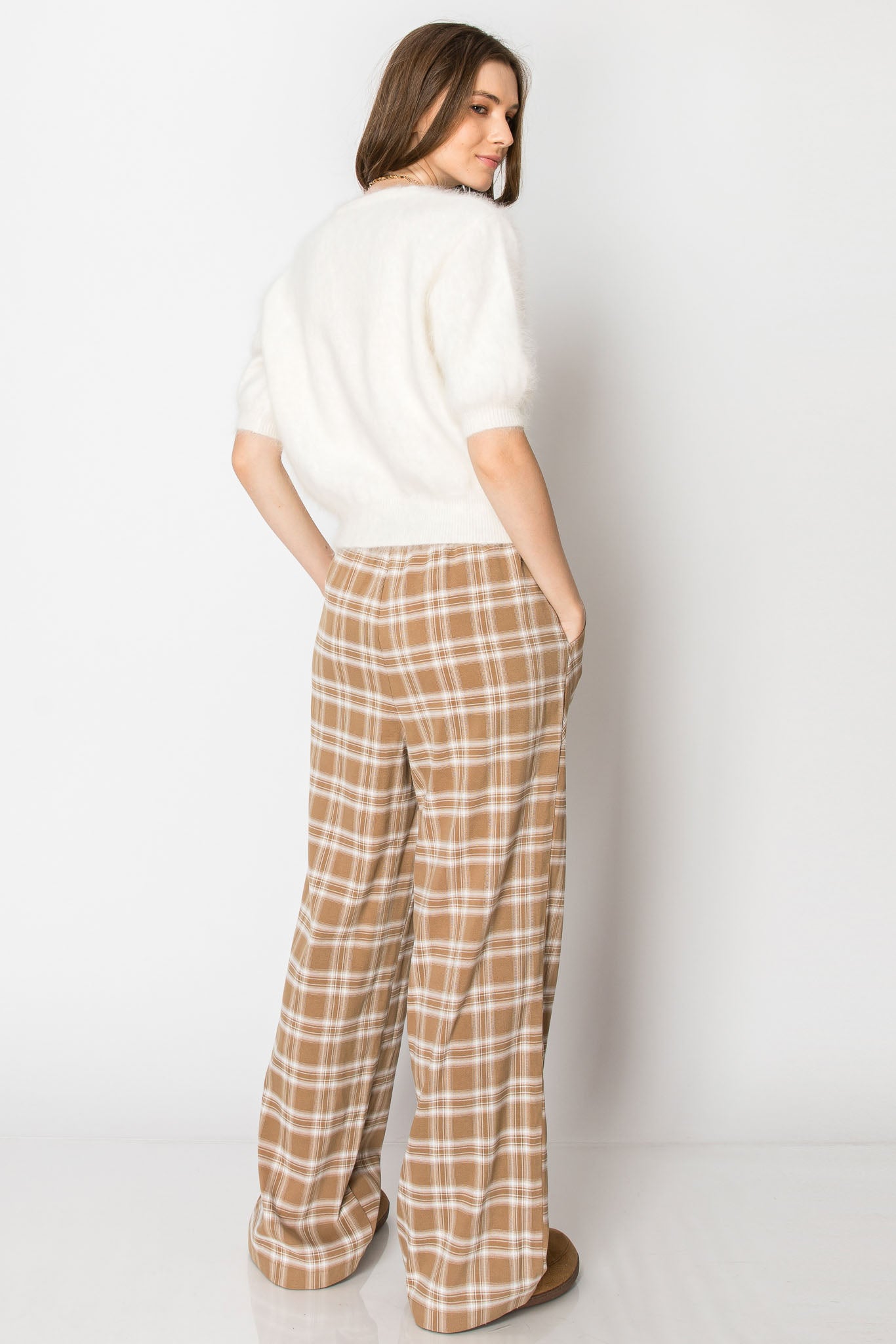 DRAW STRING PLAID WIDE LEG PANTS WITH POCKETS