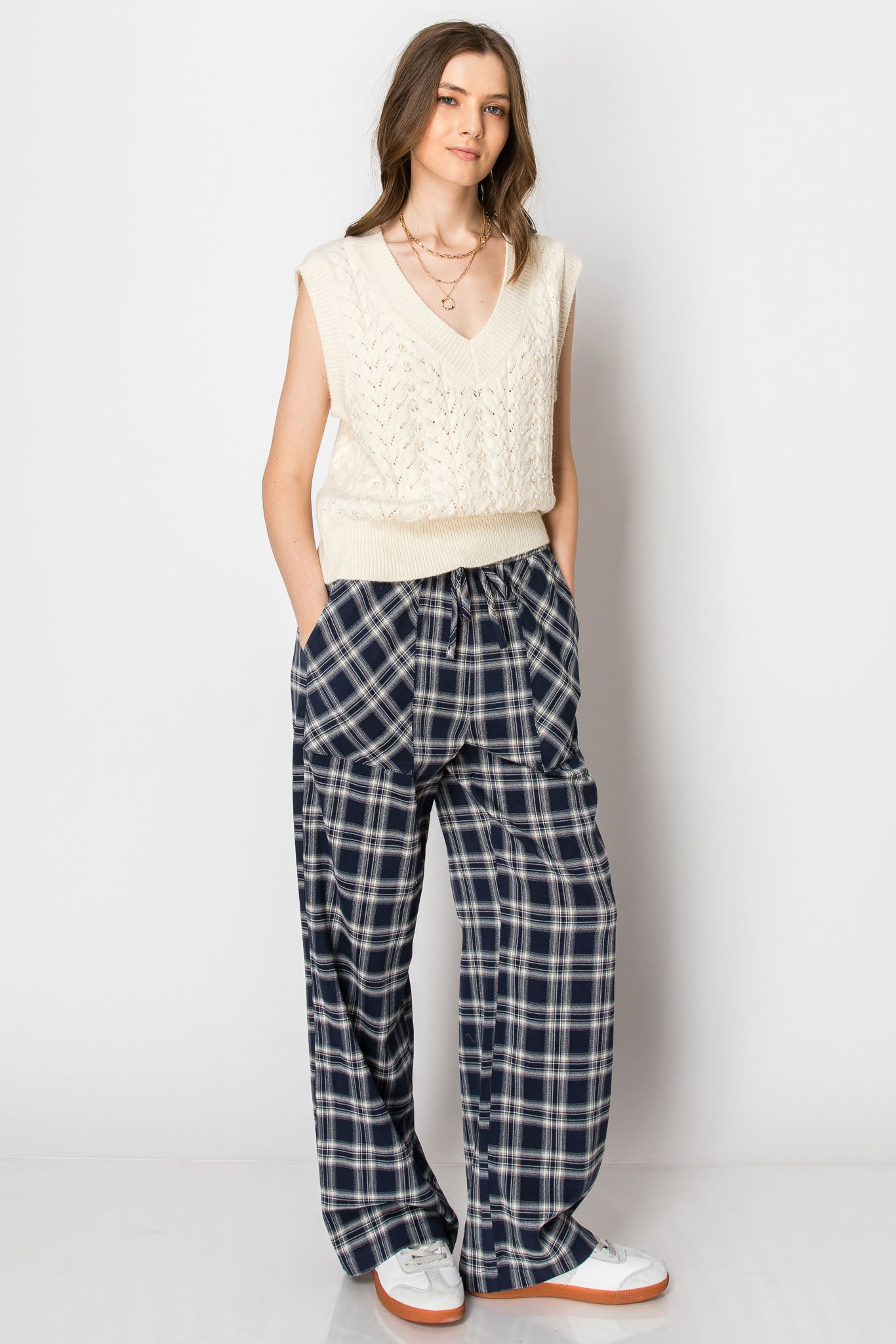 DRAW STRING PLAID WIDE LEG PANTS WITH POCKETS