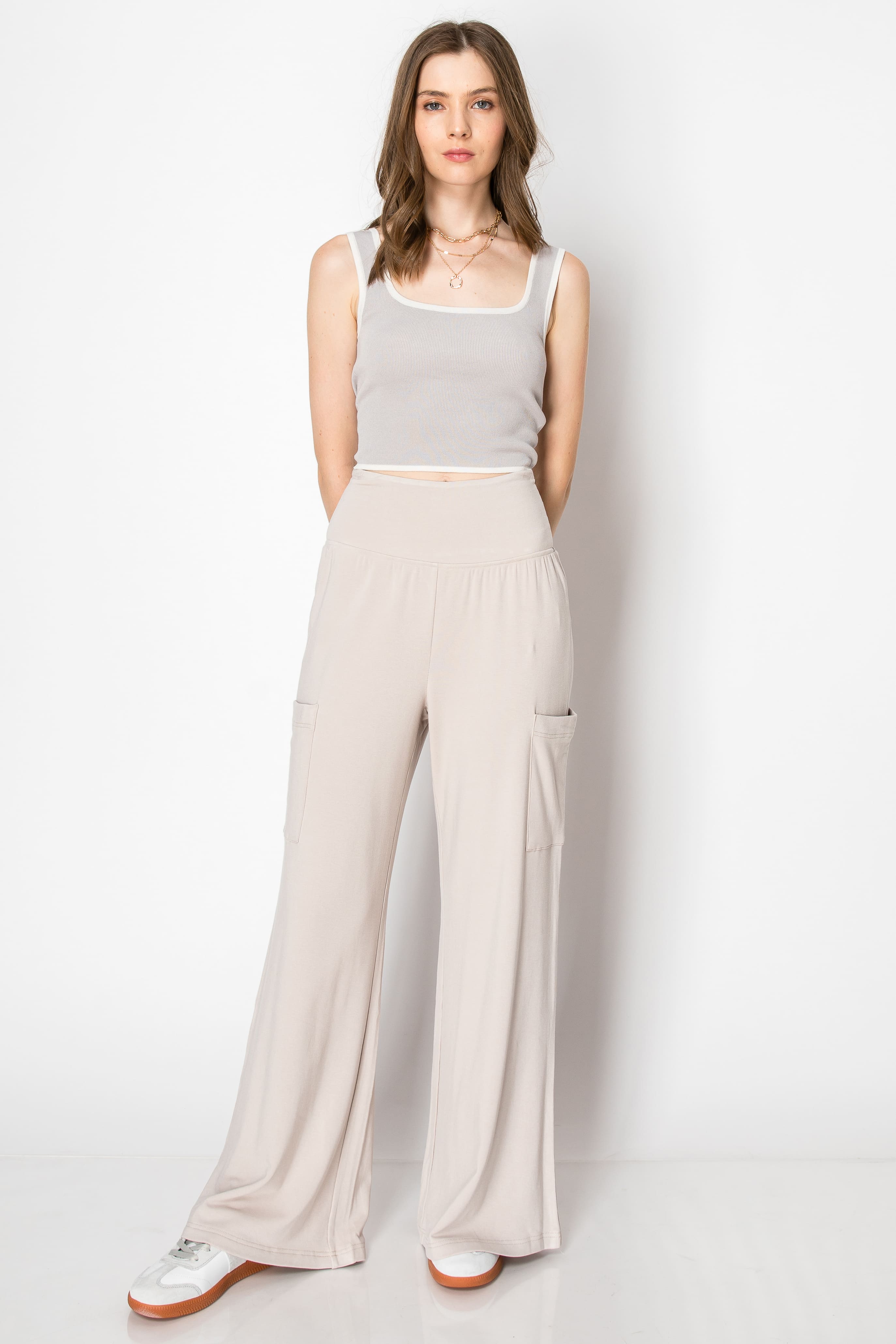 Wide Band Heavy Jersey Flare PANTS with Pockets