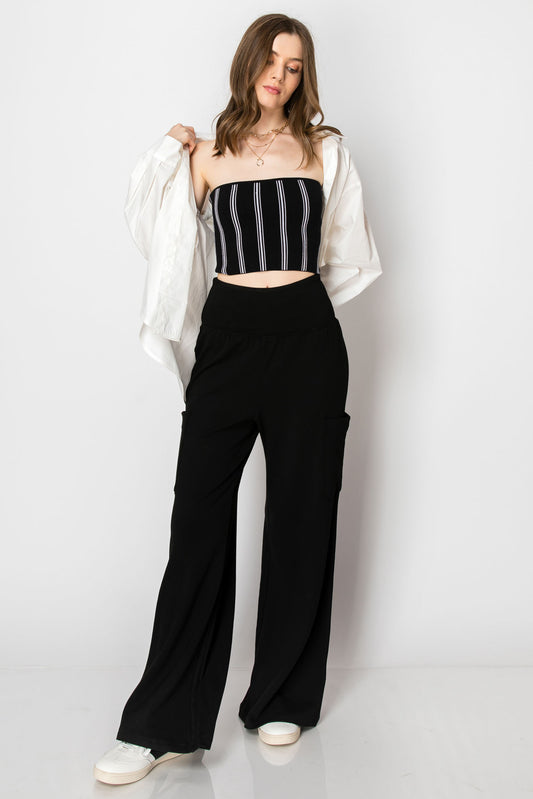 WIDE BANDED JERSEY KNIT FLARE PANTS WITH POCKETS