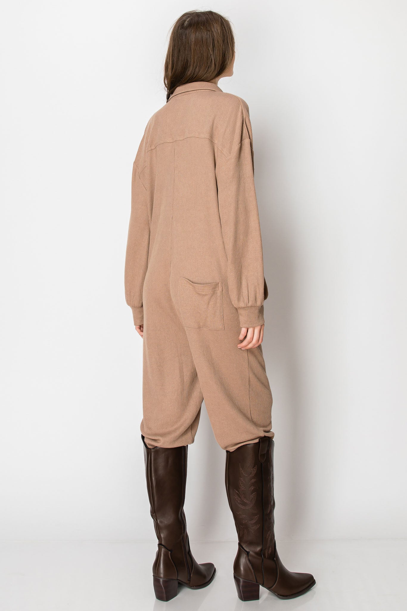 Long Sleeve Waffle Knit Button Down  JUMPSUIT