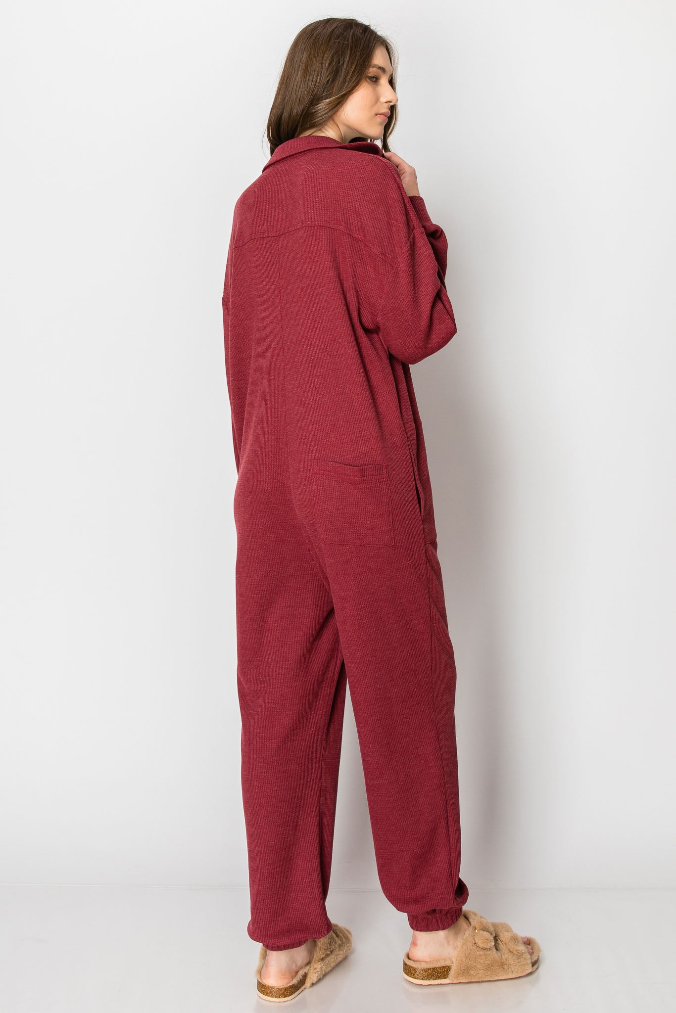 Long Sleeve Waffle Knit Button Down  JUMPSUIT