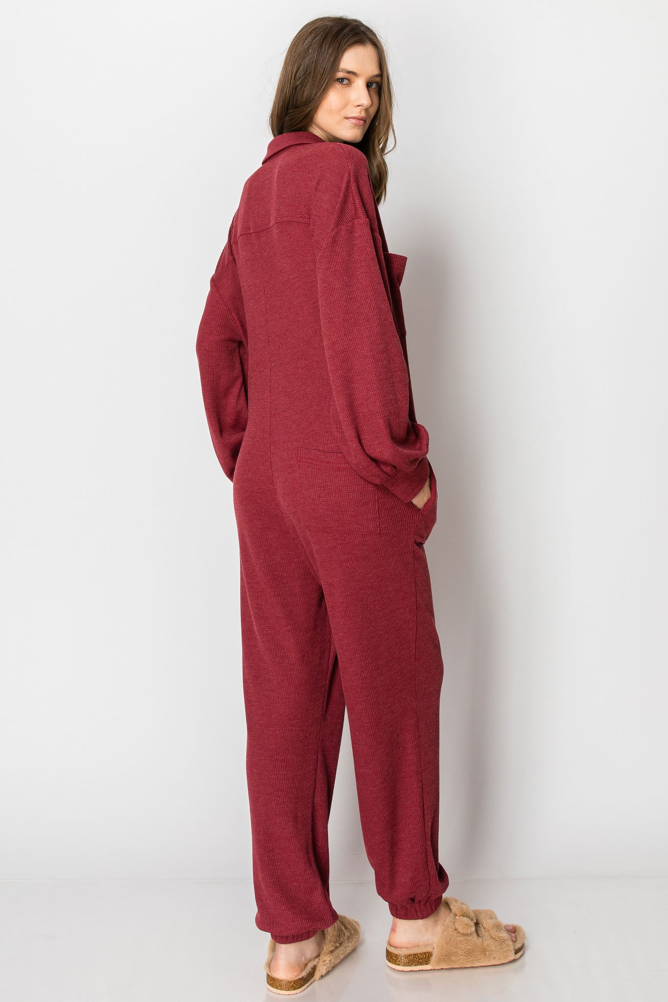 Long Sleeve Waffle Knit Button Down  JUMPSUIT