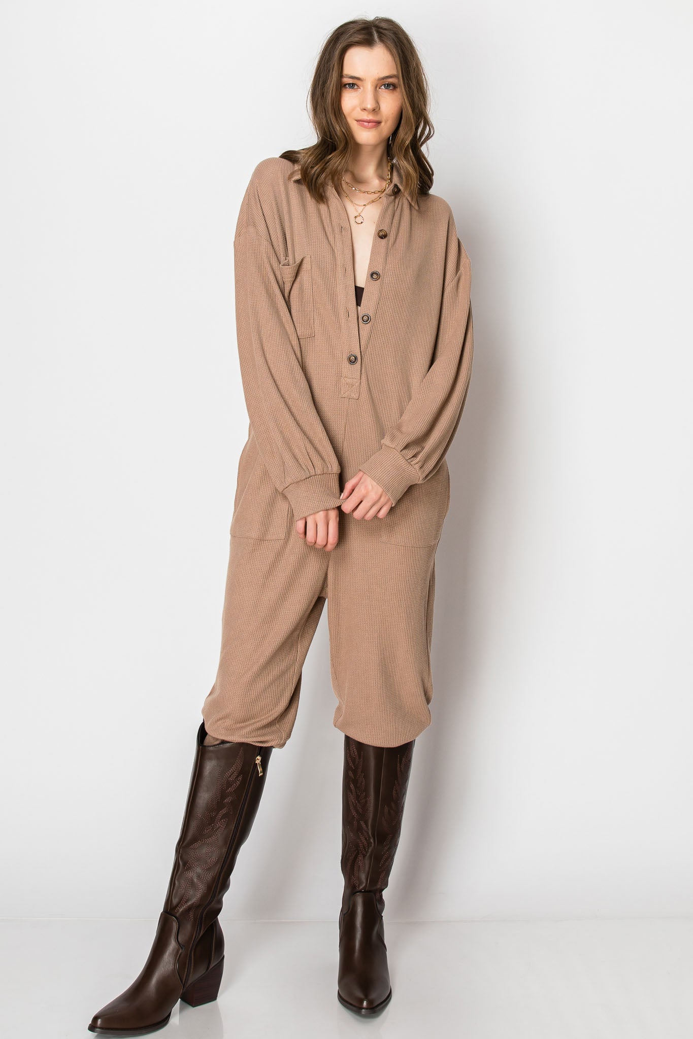 Long Sleeve Waffle Knit Button Down  JUMPSUIT