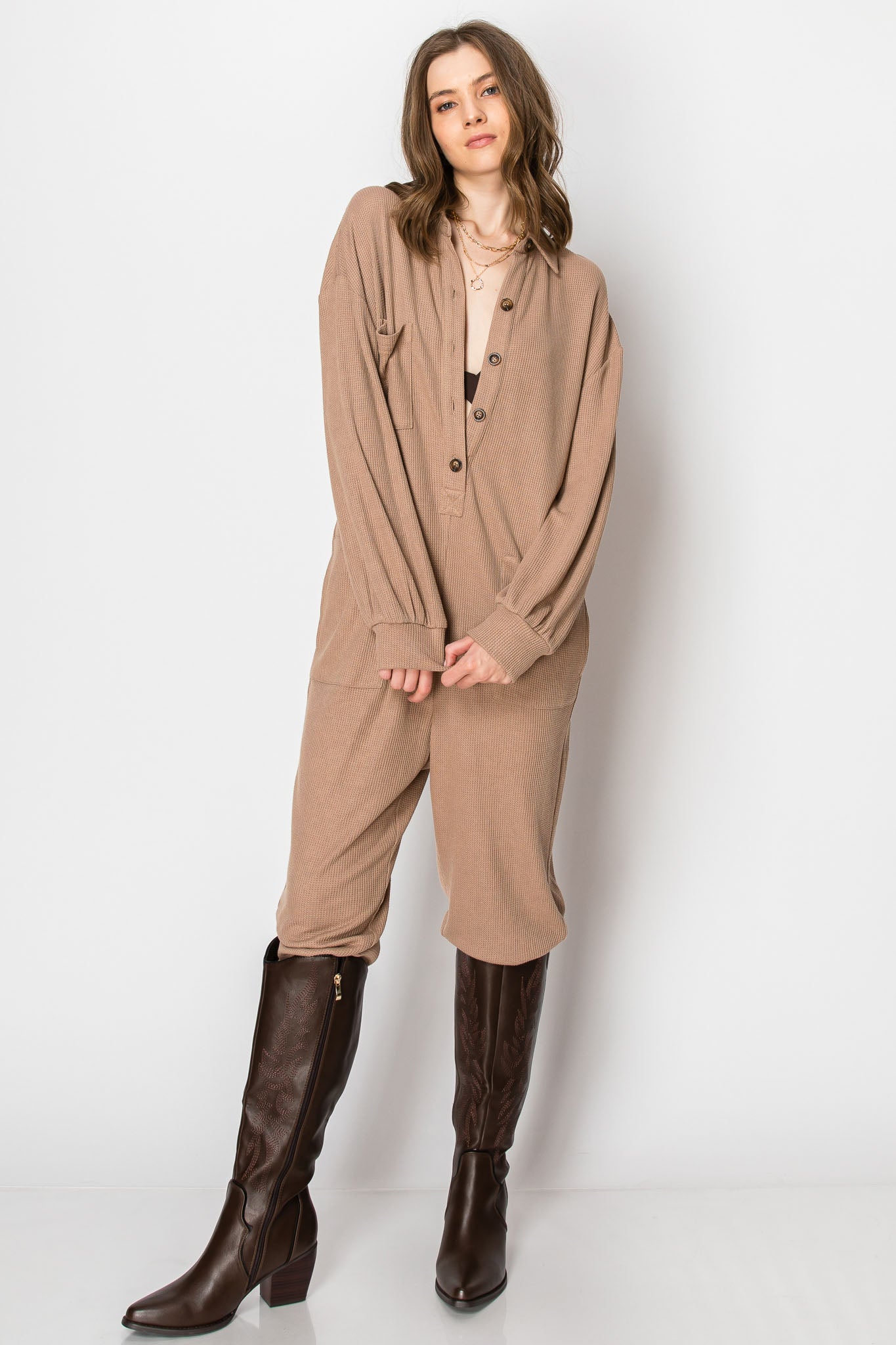 Long Sleeve Waffle Knit Button Down  JUMPSUIT