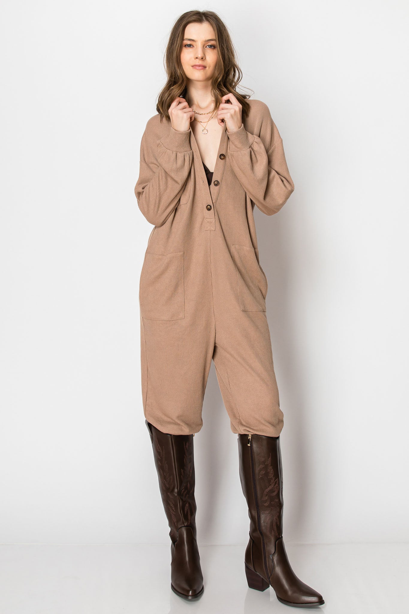 Long Sleeve Waffle Knit Button Down  JUMPSUIT