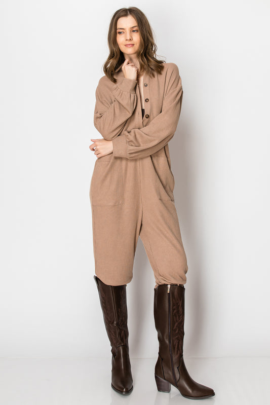 LONG SLEEVE WAFFLE KNIT BUTTON DOWN ONESIE WITH POCKETS