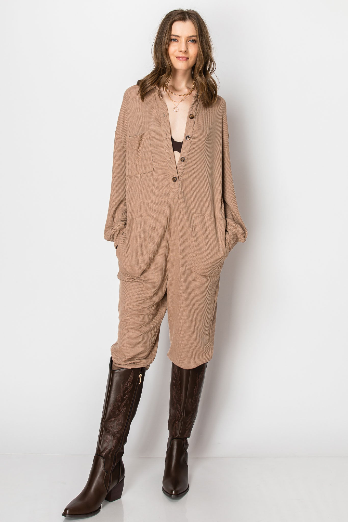 Long Sleeve Waffle Knit Button Down  JUMPSUIT