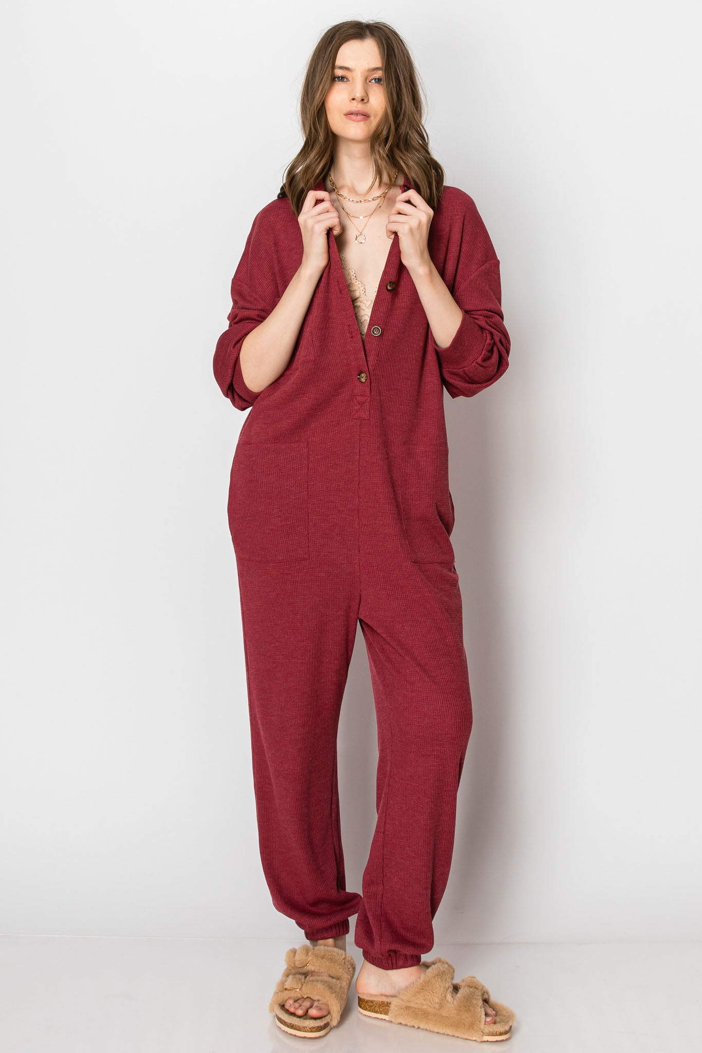 Long Sleeve Waffle Knit Button Down  JUMPSUIT