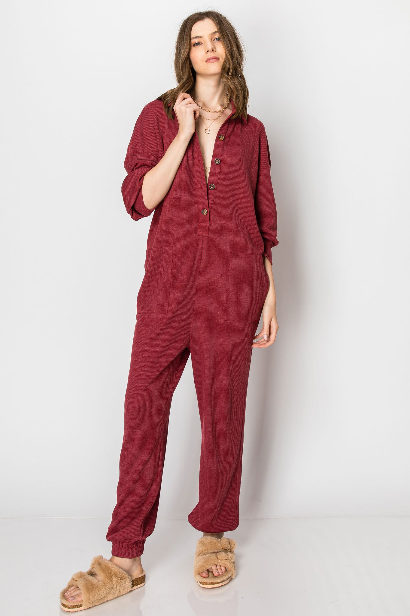Long Sleeve Waffle Knit Button Down  JUMPSUIT