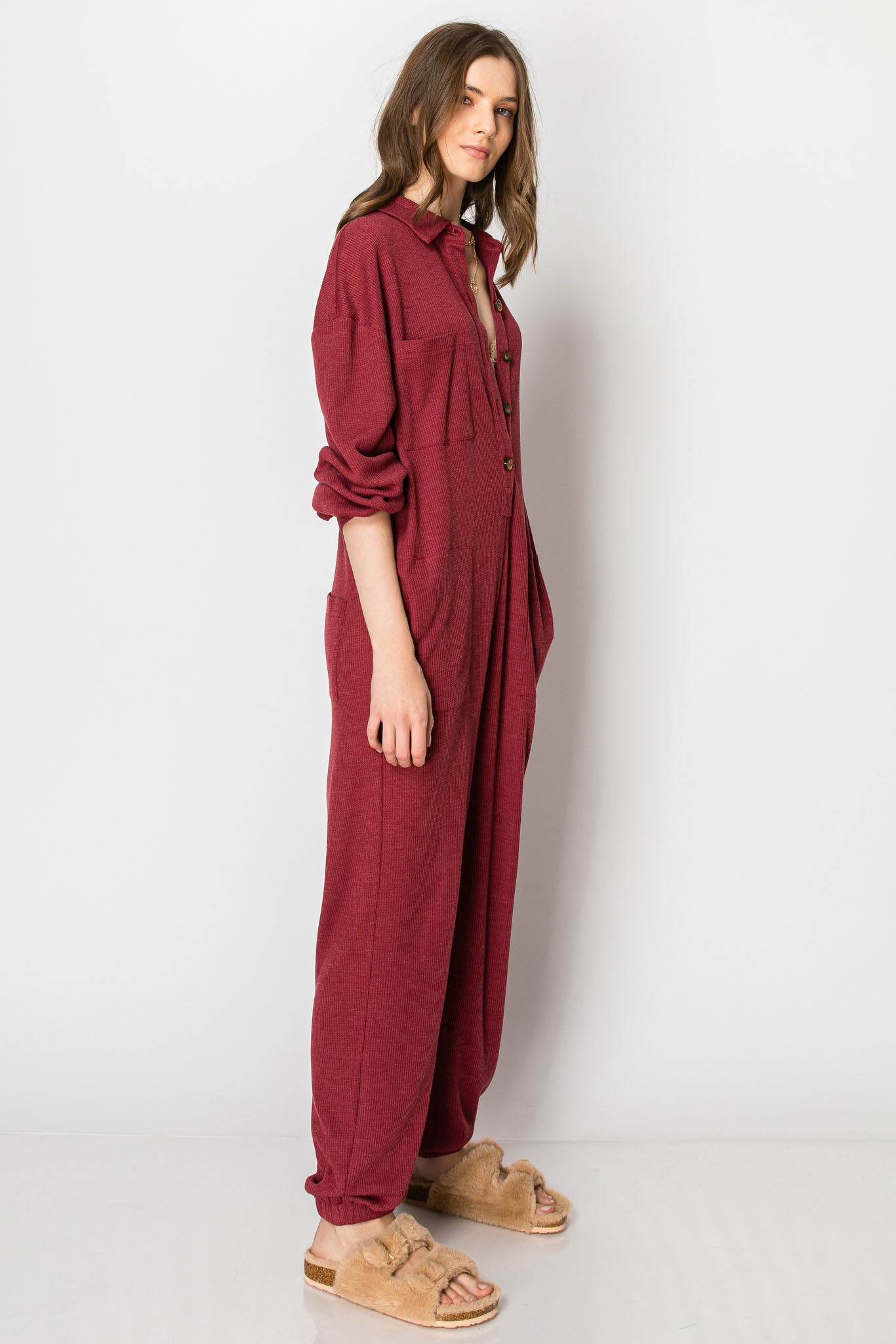 Long Sleeve Waffle Knit Button Down  JUMPSUIT