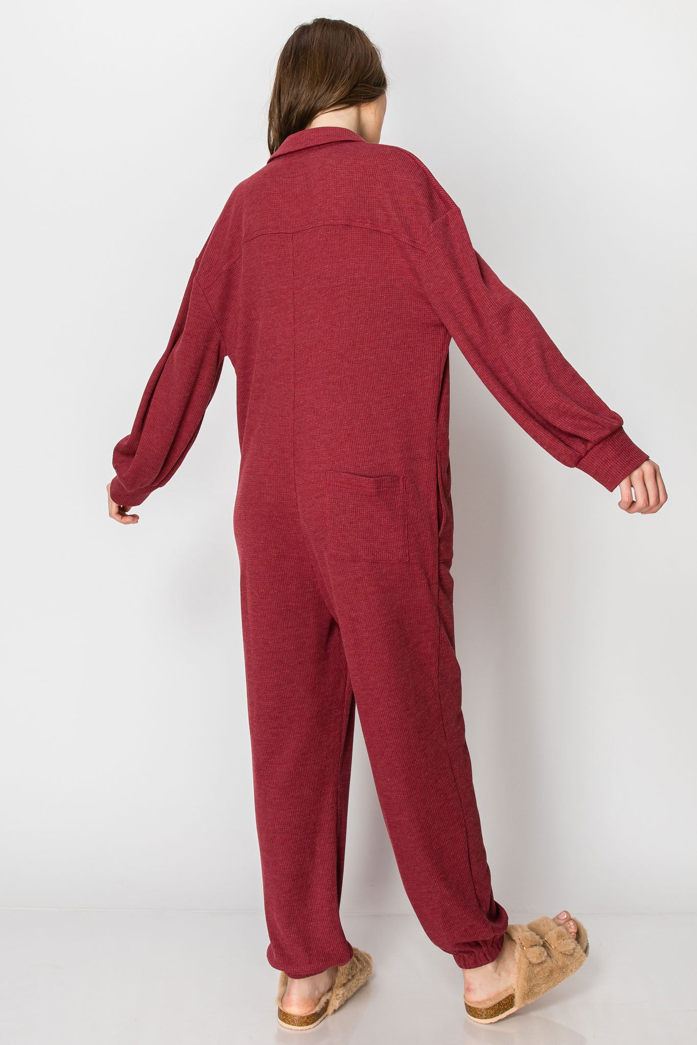 Long Sleeve Waffle Knit Button Down  JUMPSUIT