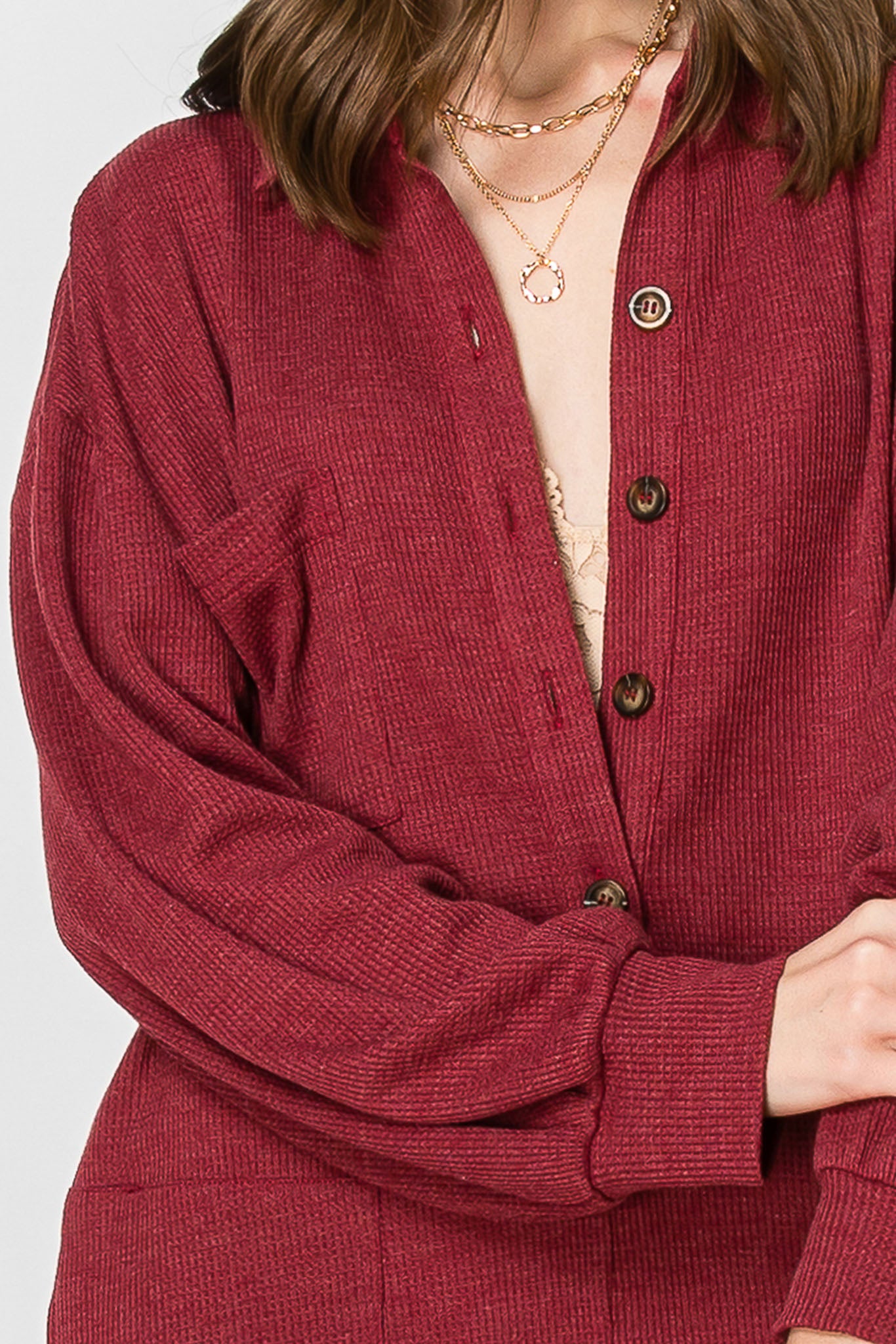 Long Sleeve Waffle Knit Button Down  JUMPSUIT