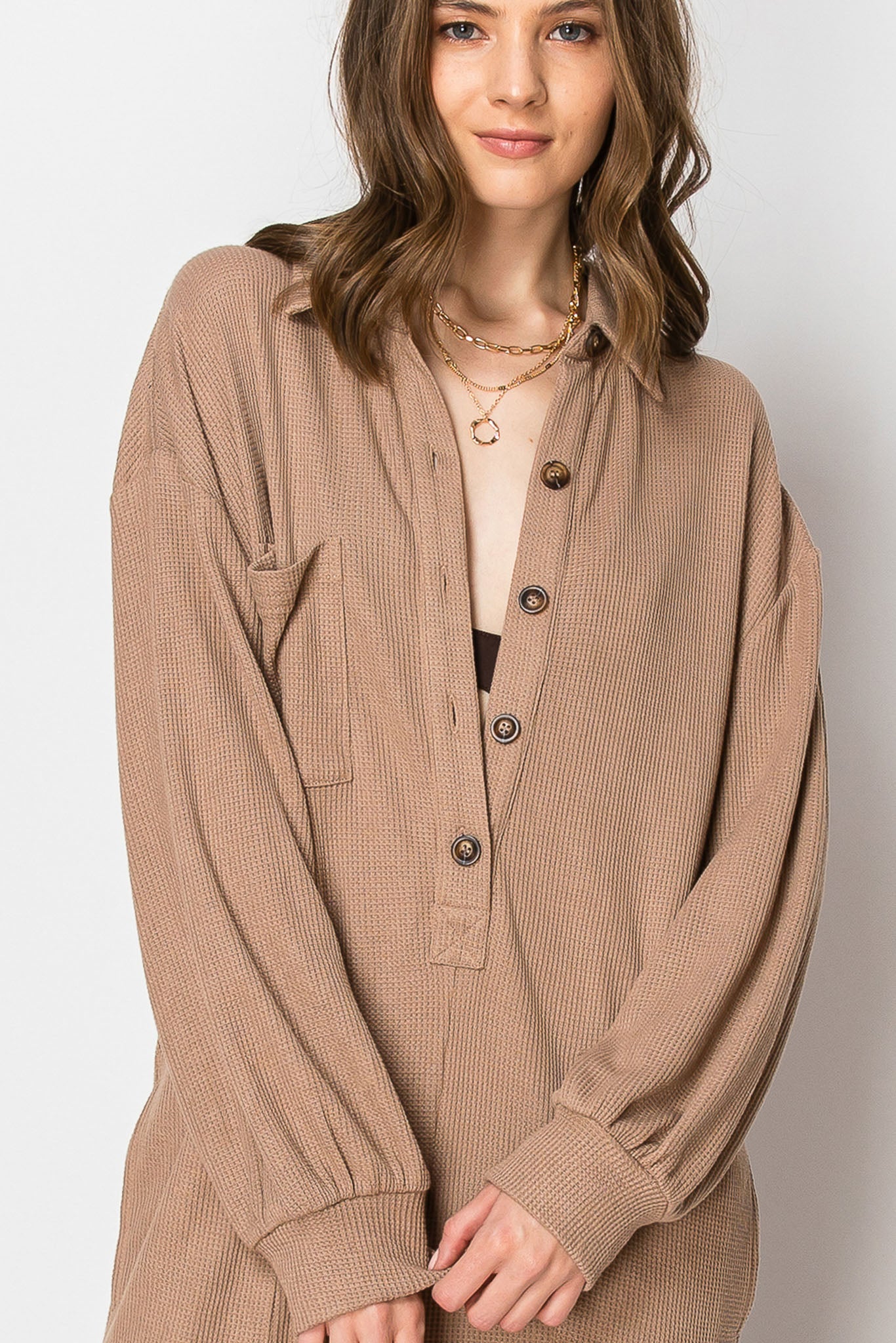 Long Sleeve Waffle Knit Button Down  JUMPSUIT