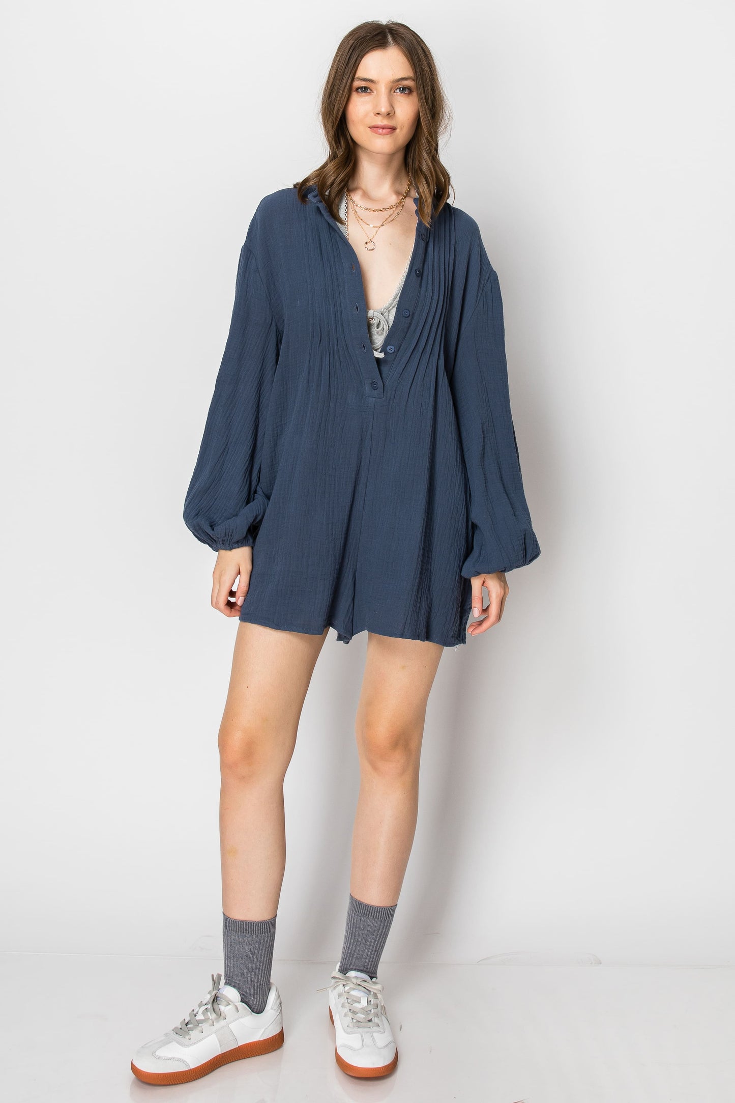 WOMAN'S LONG SLEEVE BUTTON DOWN CASUAL ROMPER WITH POCKETS