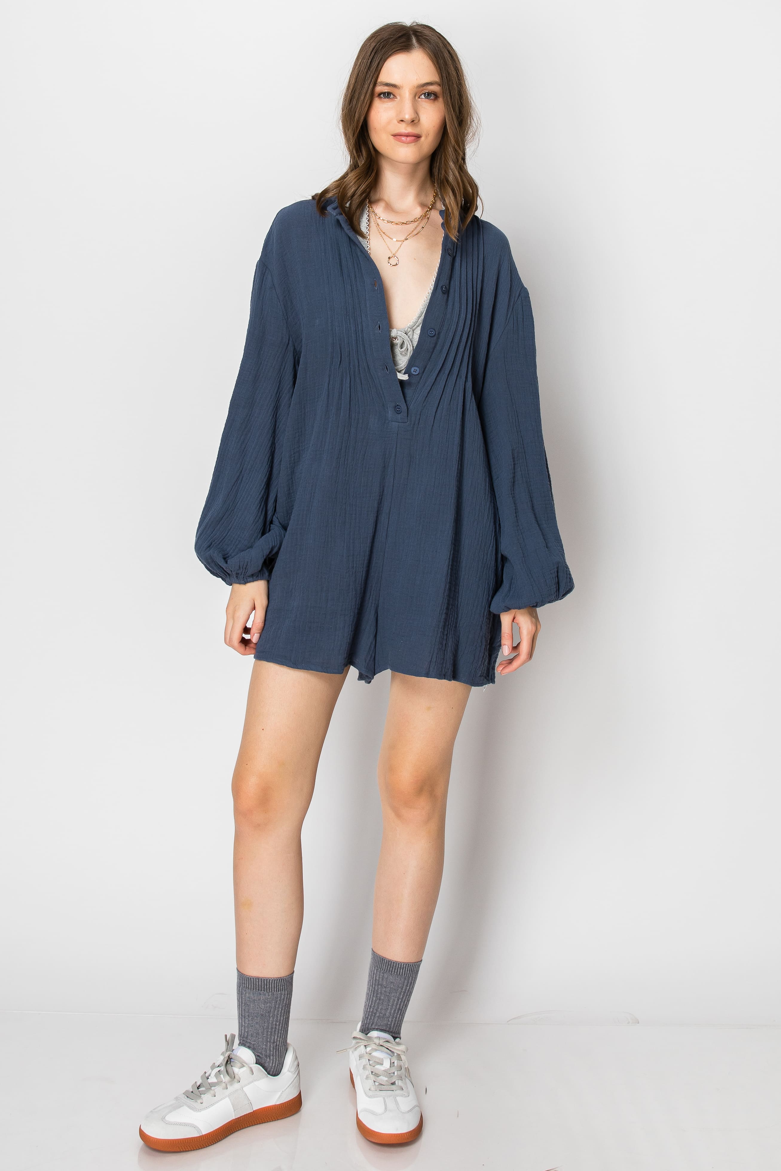 Long Sleeve Button Down  ROMPER with Pockets