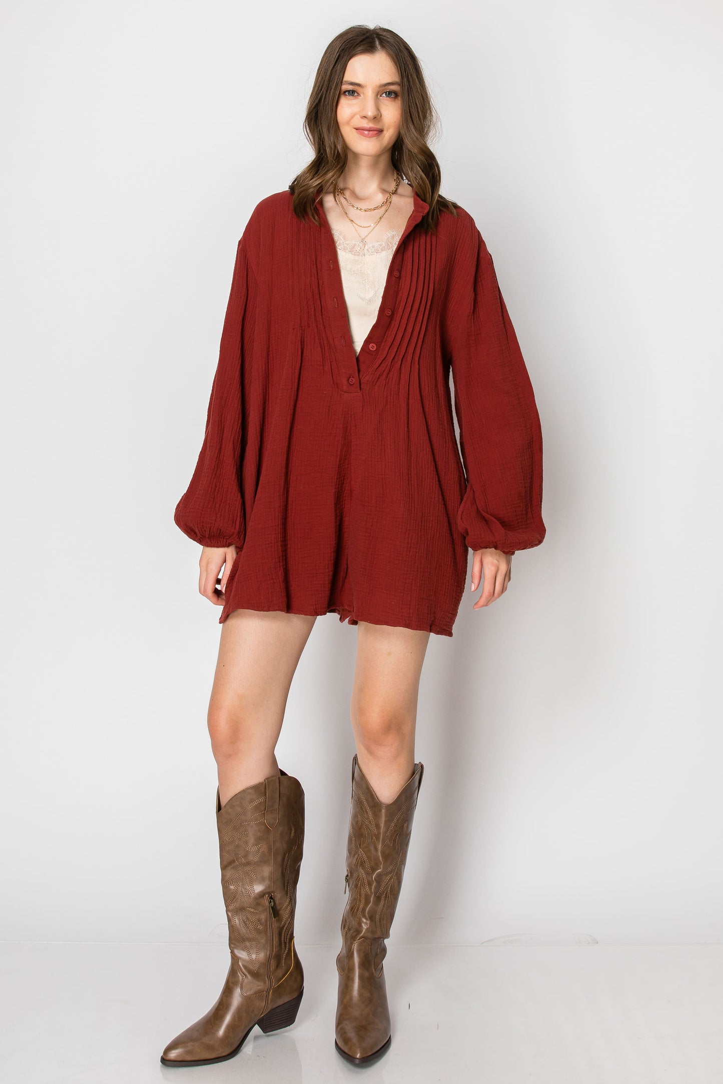 WOMAN'S LONG SLEEVE BUTTON DOWN CASUAL ROMPER WITH POCKETS