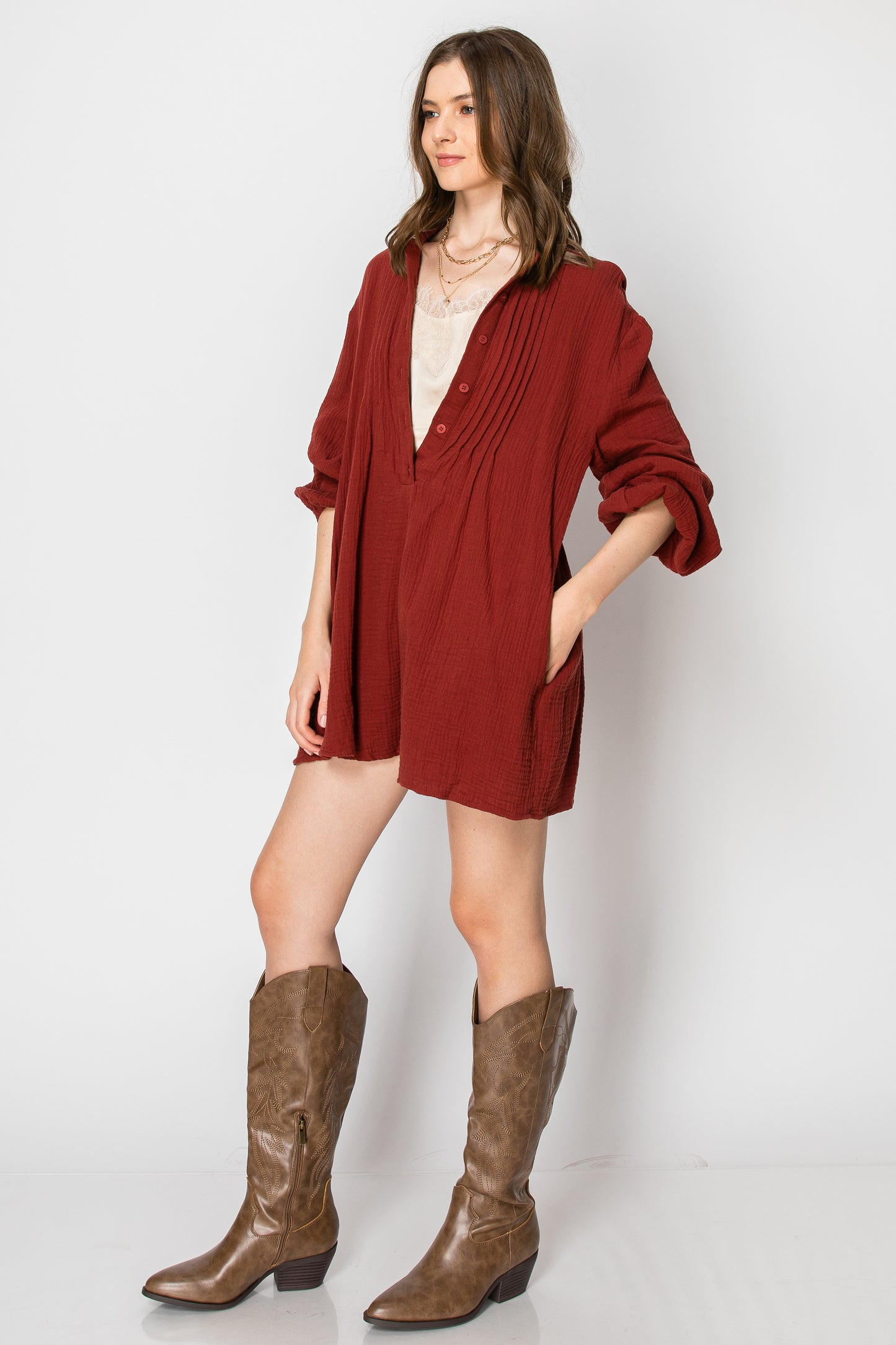 WOMAN'S LONG SLEEVE BUTTON DOWN CASUAL ROMPER WITH POCKETS