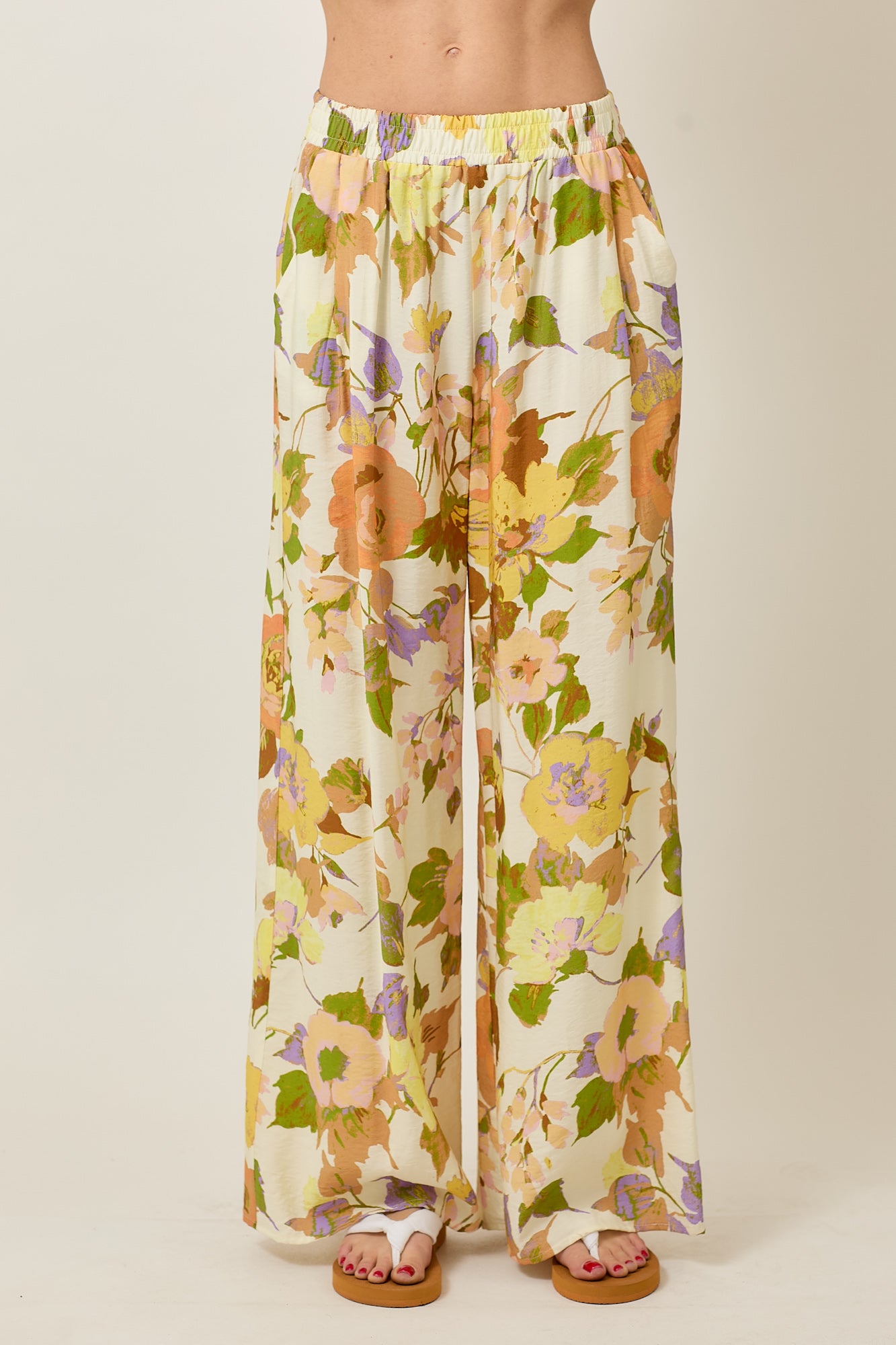 FLORAL ELASTIC WAISTBAND WIDE LEG PANTS WITH POCKET