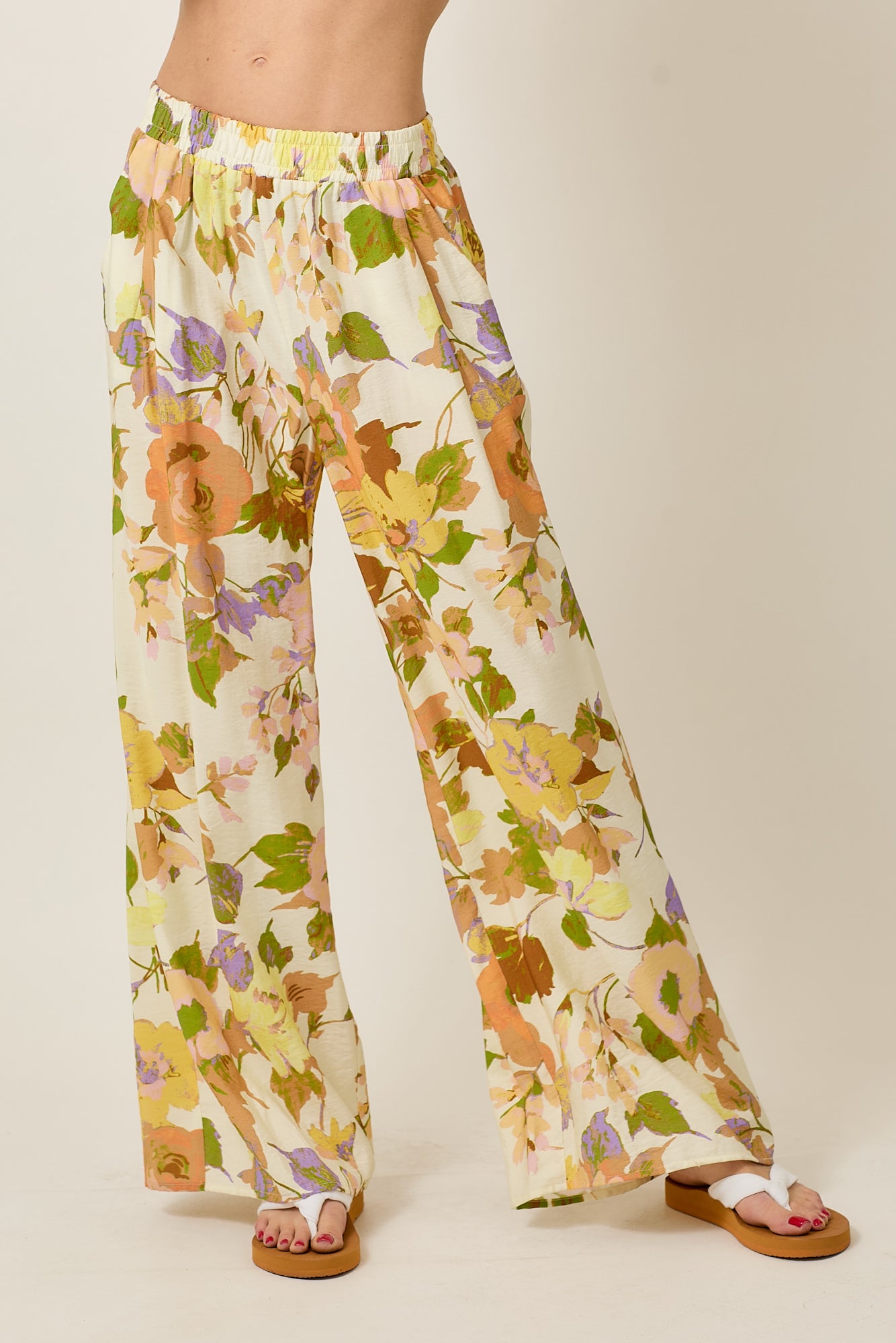 FLORAL ELASTIC WAISTBAND WIDE LEG PANTS WITH POCKET