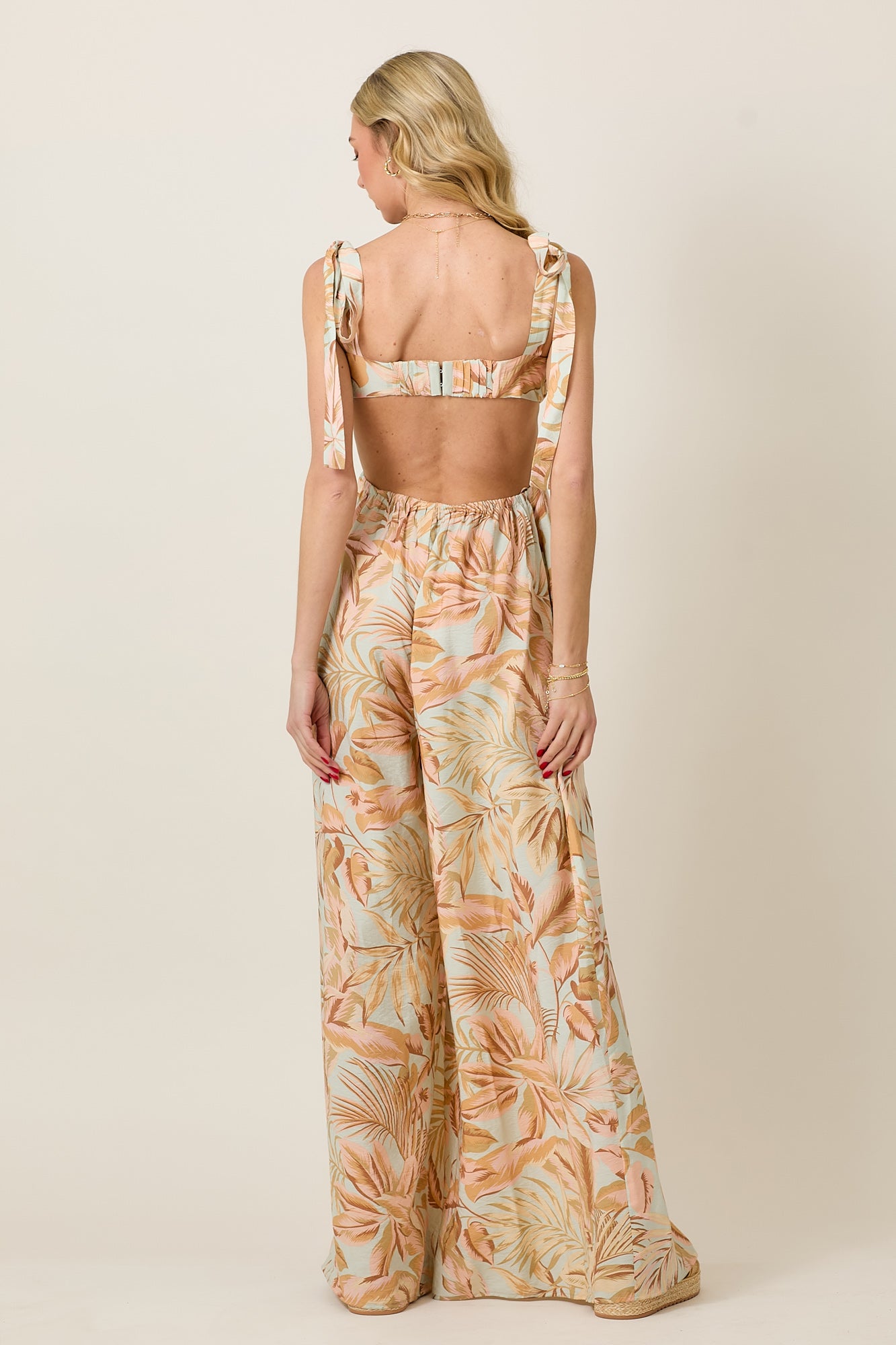 Beachy Island Theme Print Bow Tie Summer Jumpsuit