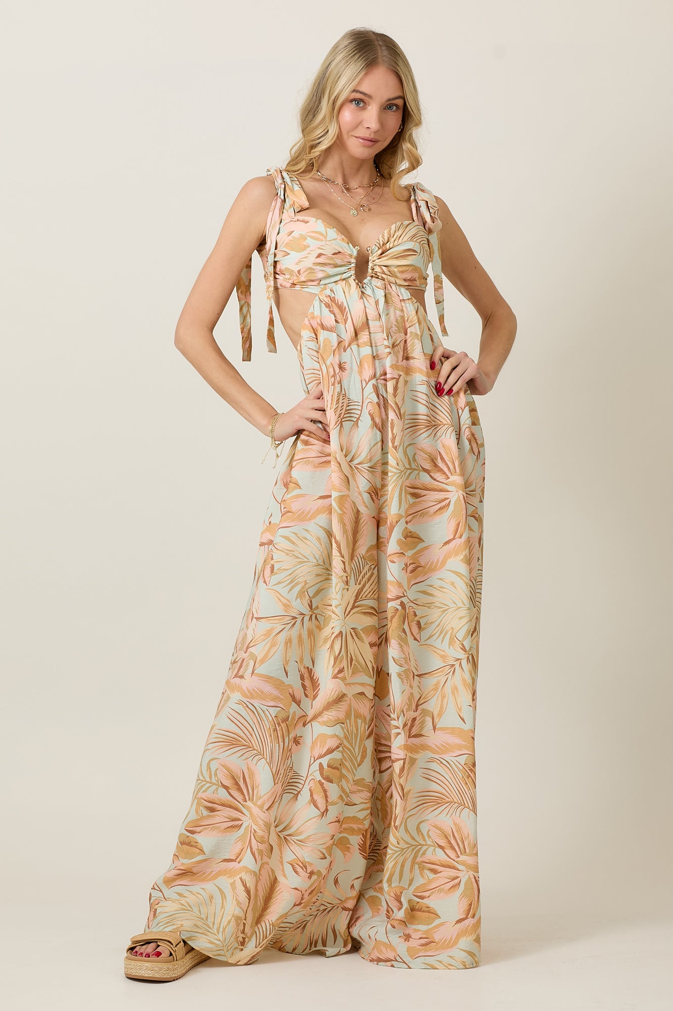 Beachy Island Theme Print Bow Tie Summer Jumpsuit