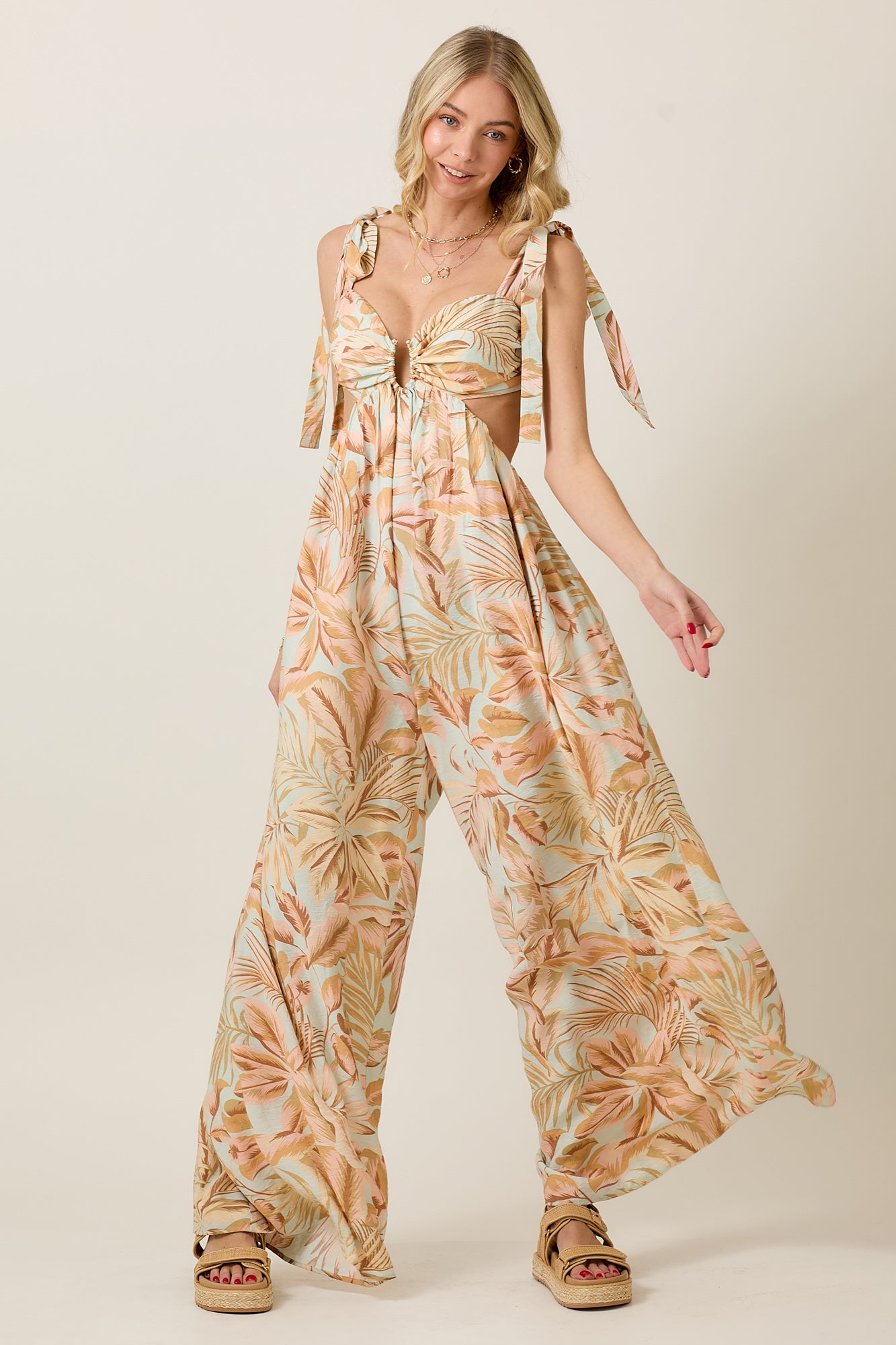 Beachy Island Theme Print Bow Tie Summer Jumpsuit