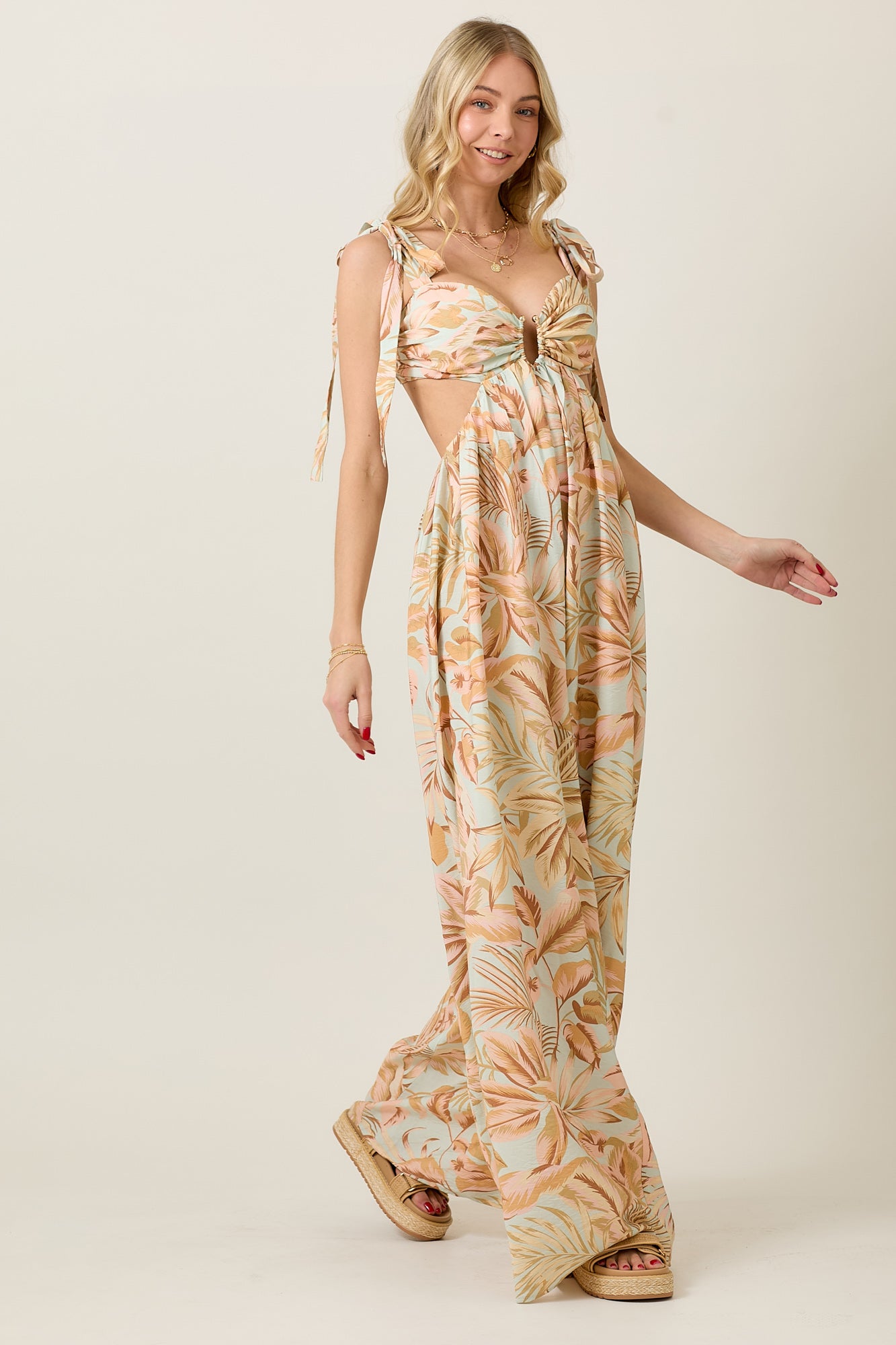 Beachy Island Theme Print Bow Tie Summer Jumpsuit