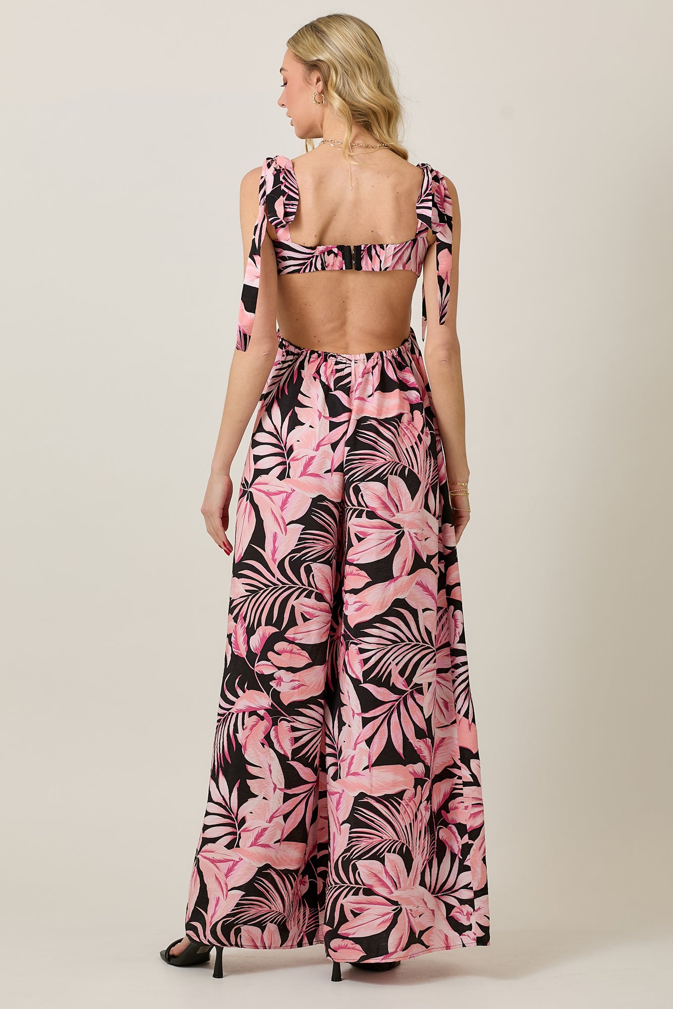 Beachy Island Theme Print Bow Tie Summer Jumpsuit