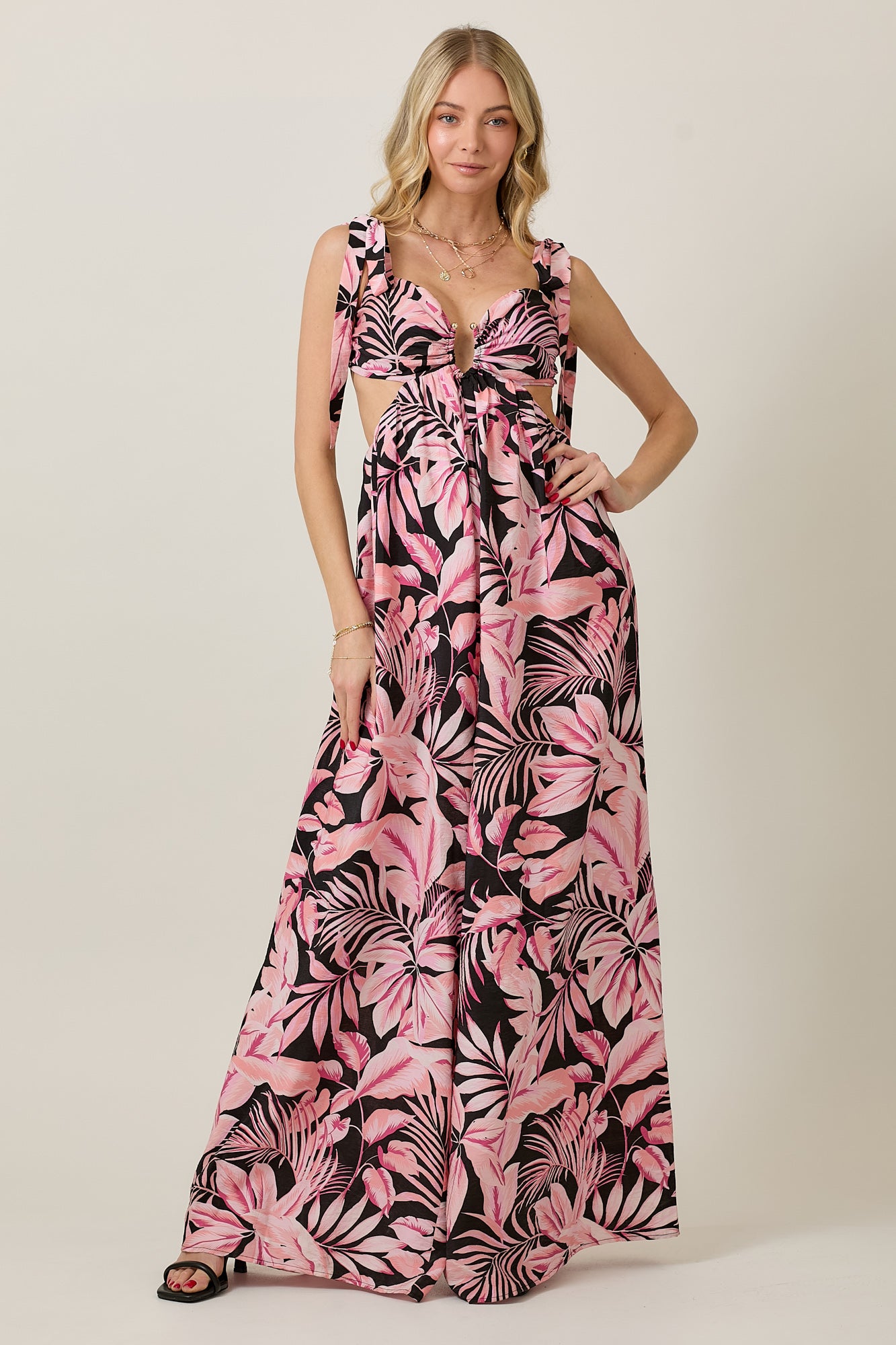Beachy Island Theme Print Bow Tie Summer Jumpsuit