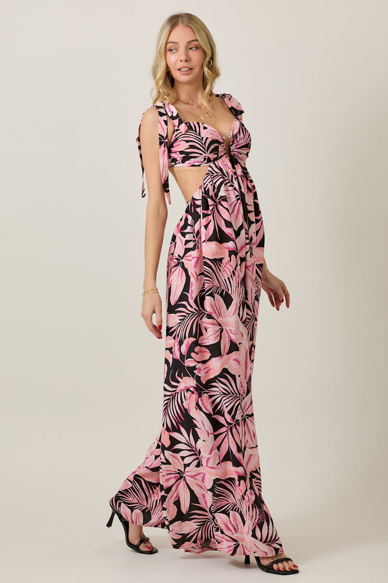 Beachy Island Theme Print Bow Tie Summer Jumpsuit