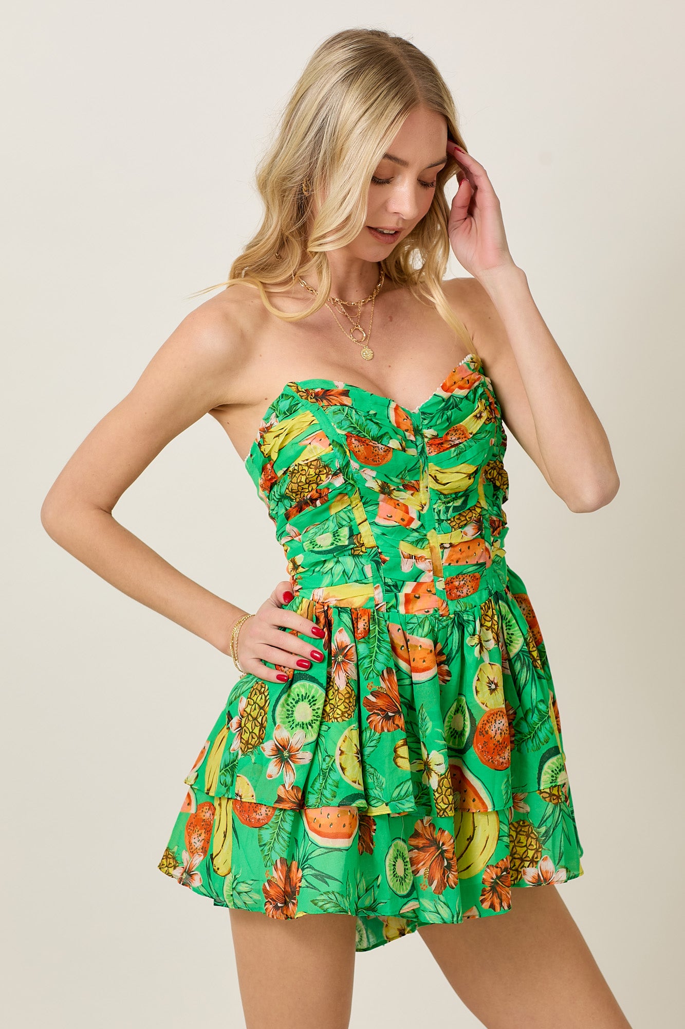 Summer Fruit & Floral Cotton Voile Ruched Romper