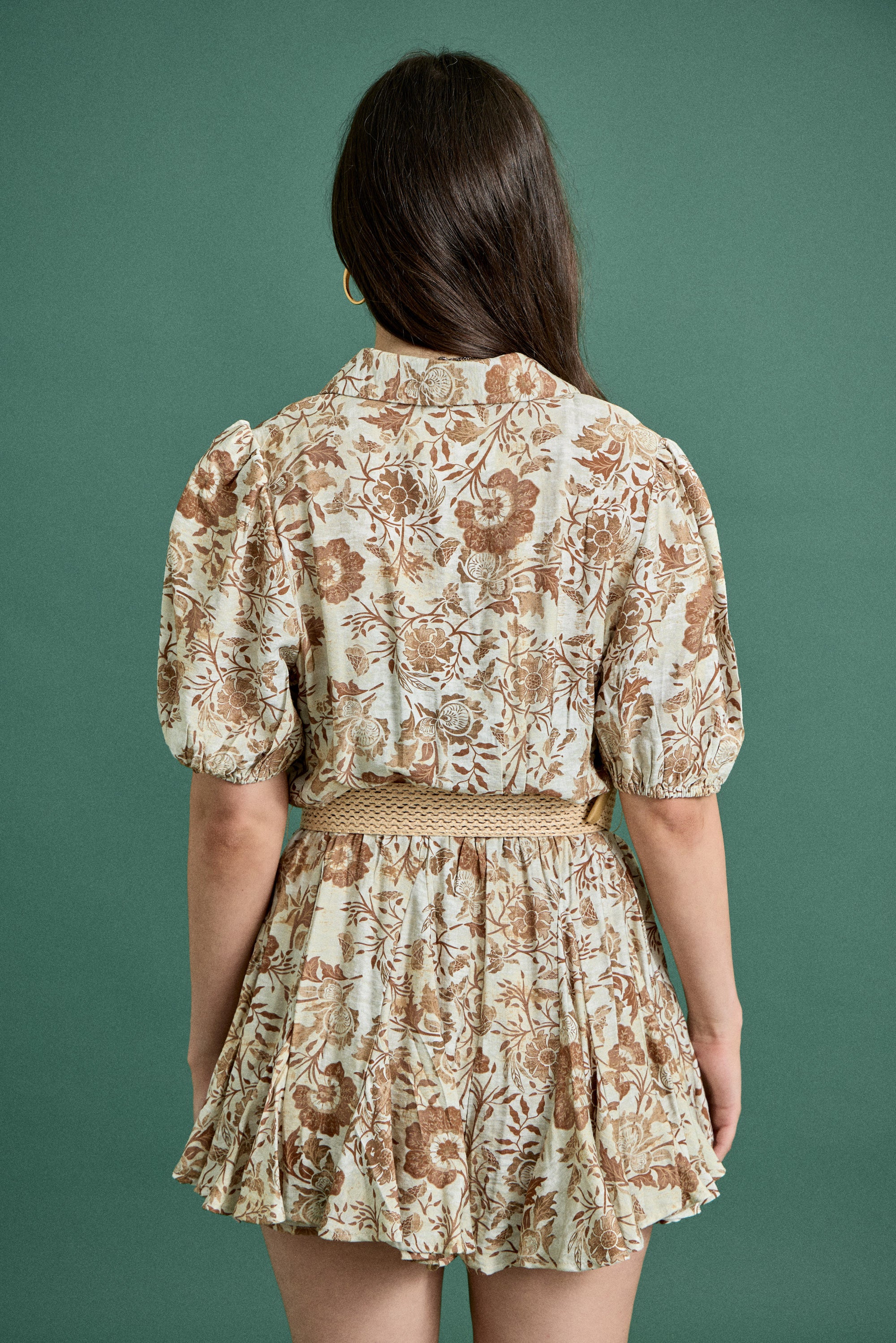 Fall Floral Button Down Short Sleeve Romper With Belt