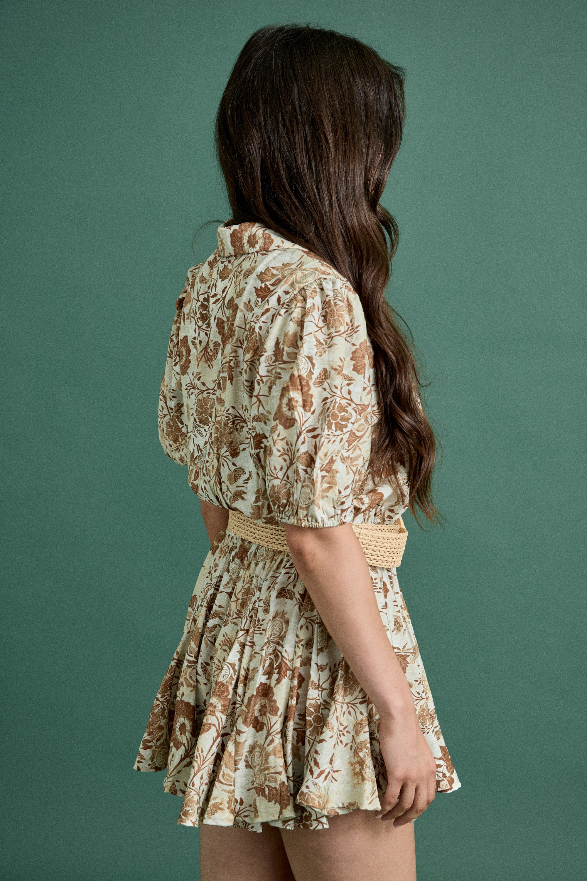 Fall Floral Button Down Short Sleeve Romper With Belt