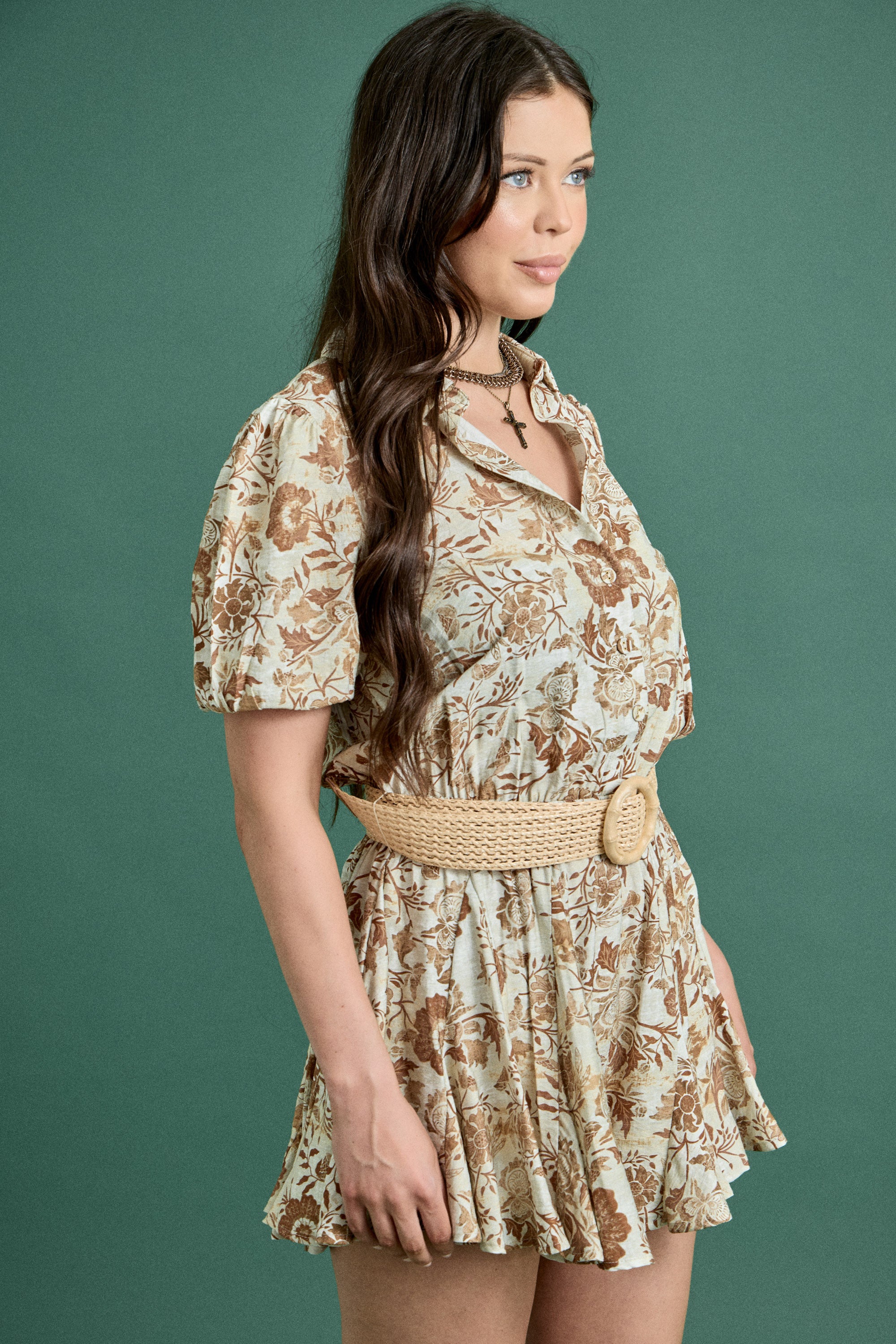 Fall Floral Button Down Short Sleeve Romper With Belt