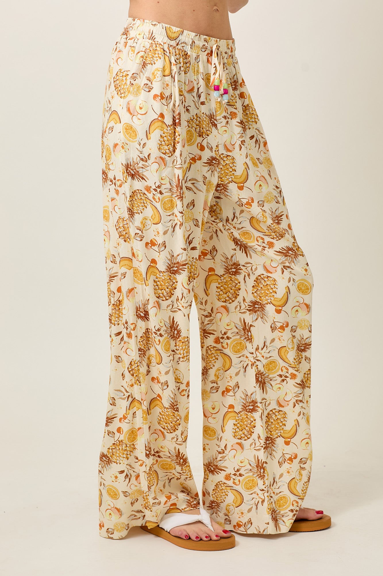 Pineapple Print Colorful Beaded Tie Elastic Waistband Pants