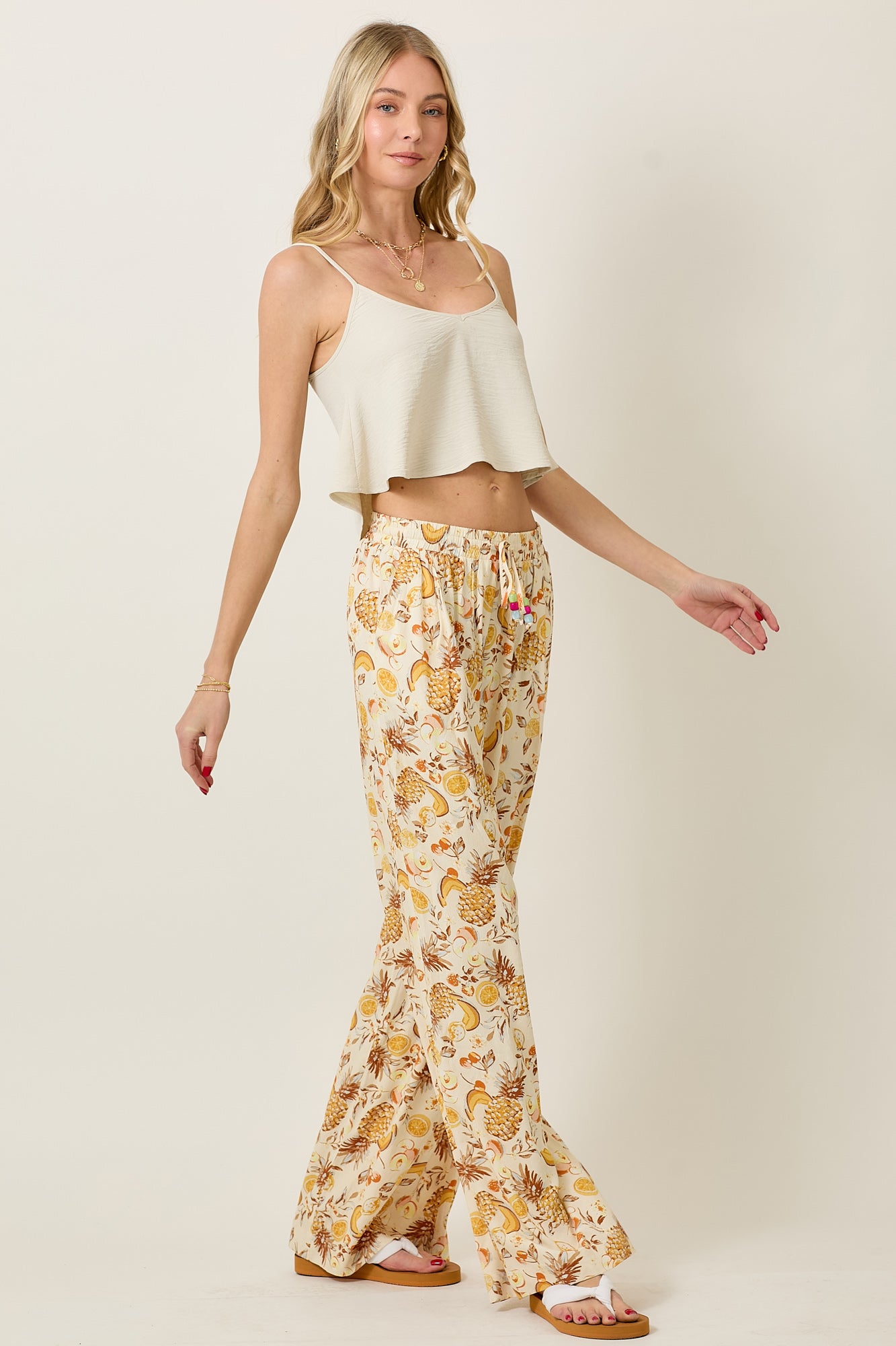Pineapple Print Colorful Beaded Tie Elastic Waistband Pants