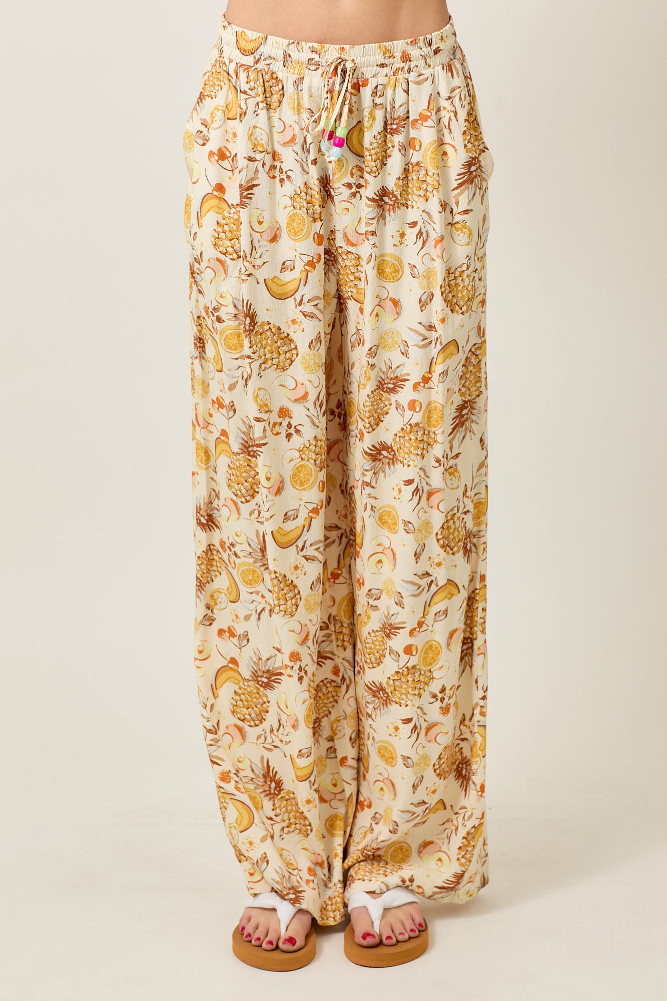 Pineapple Print Colorful Beaded Tie Elastic Waistband Pants