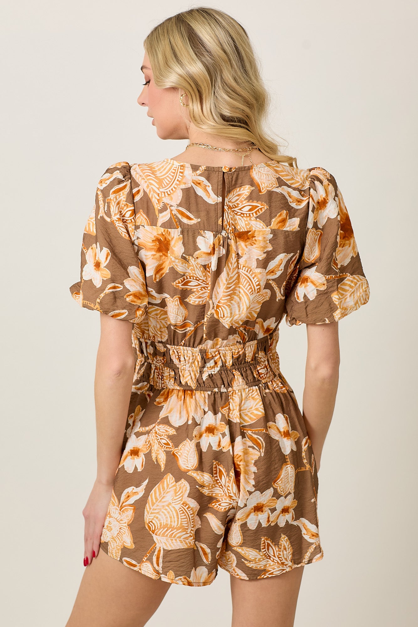 Summer Romper with Earthy Floral Print & Bubble Sleeves