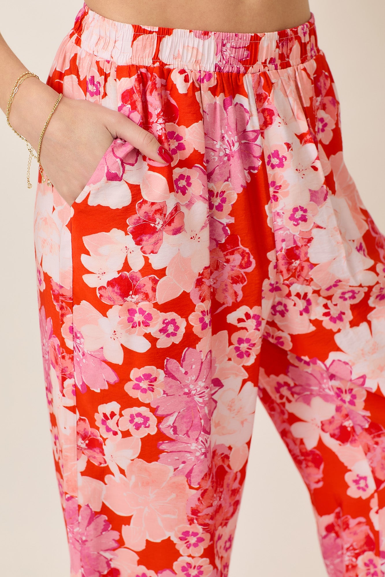 FLORAL PRINT WIDE LEG PANTS WITH CROCHET LACE